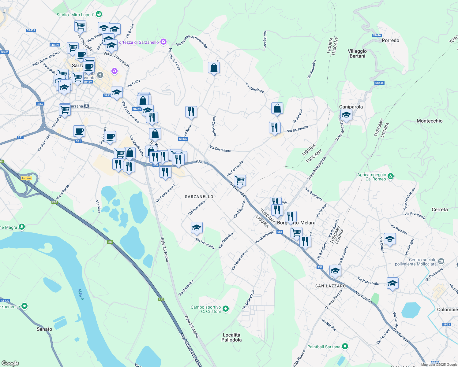 map of restaurants, bars, coffee shops, grocery stores, and more near 186 Via Aurelia in Sarzana