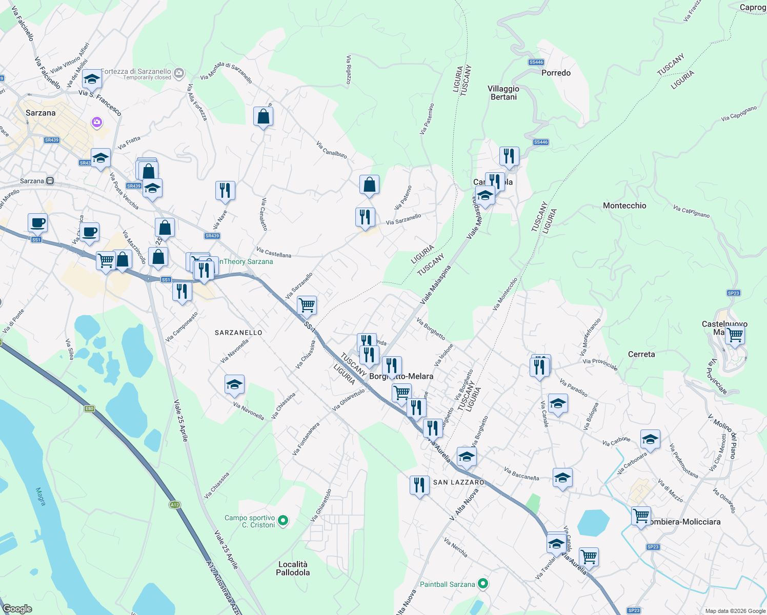 map of restaurants, bars, coffee shops, grocery stores, and more near 13 Via Melara in Borghetto-melara