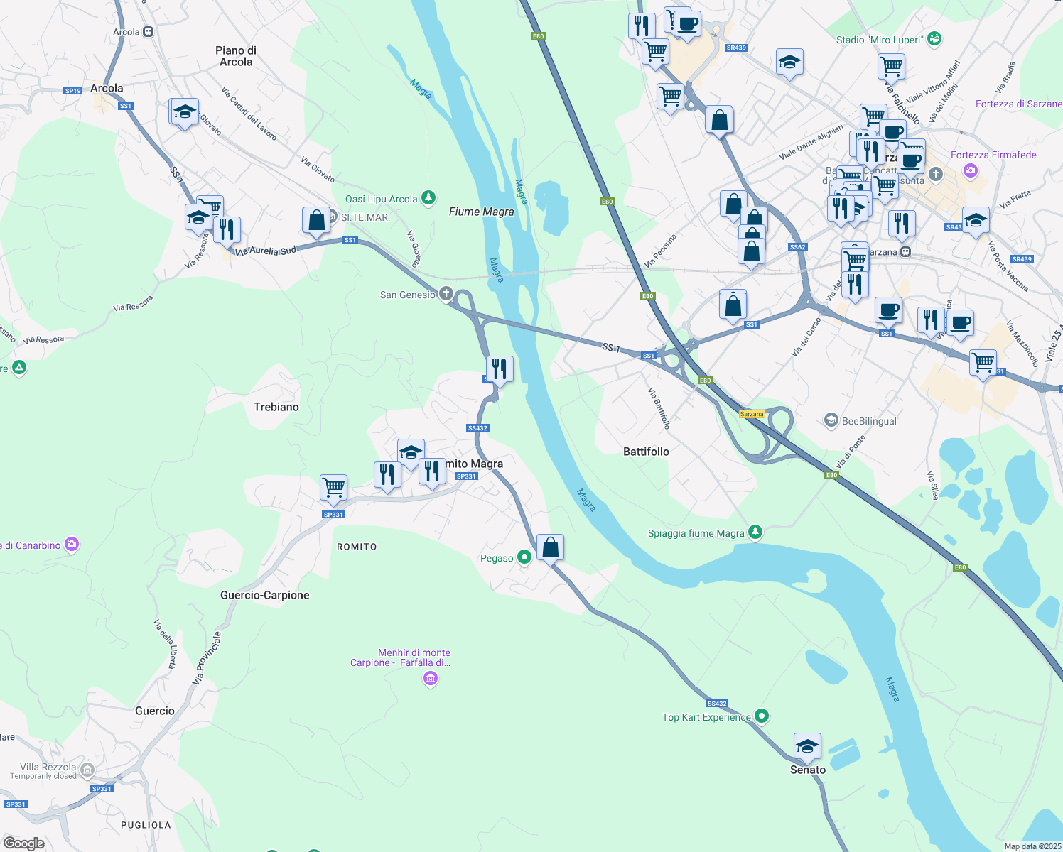 map of restaurants, bars, coffee shops, grocery stores, and more near 63 Via Provinciale in Romito Magra