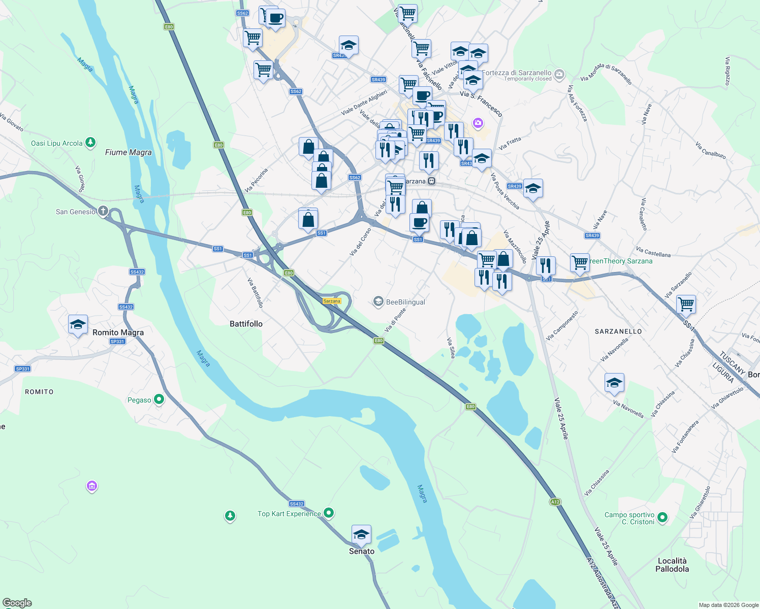 map of restaurants, bars, coffee shops, grocery stores, and more near 82 Via Giuncaro in Sarzana