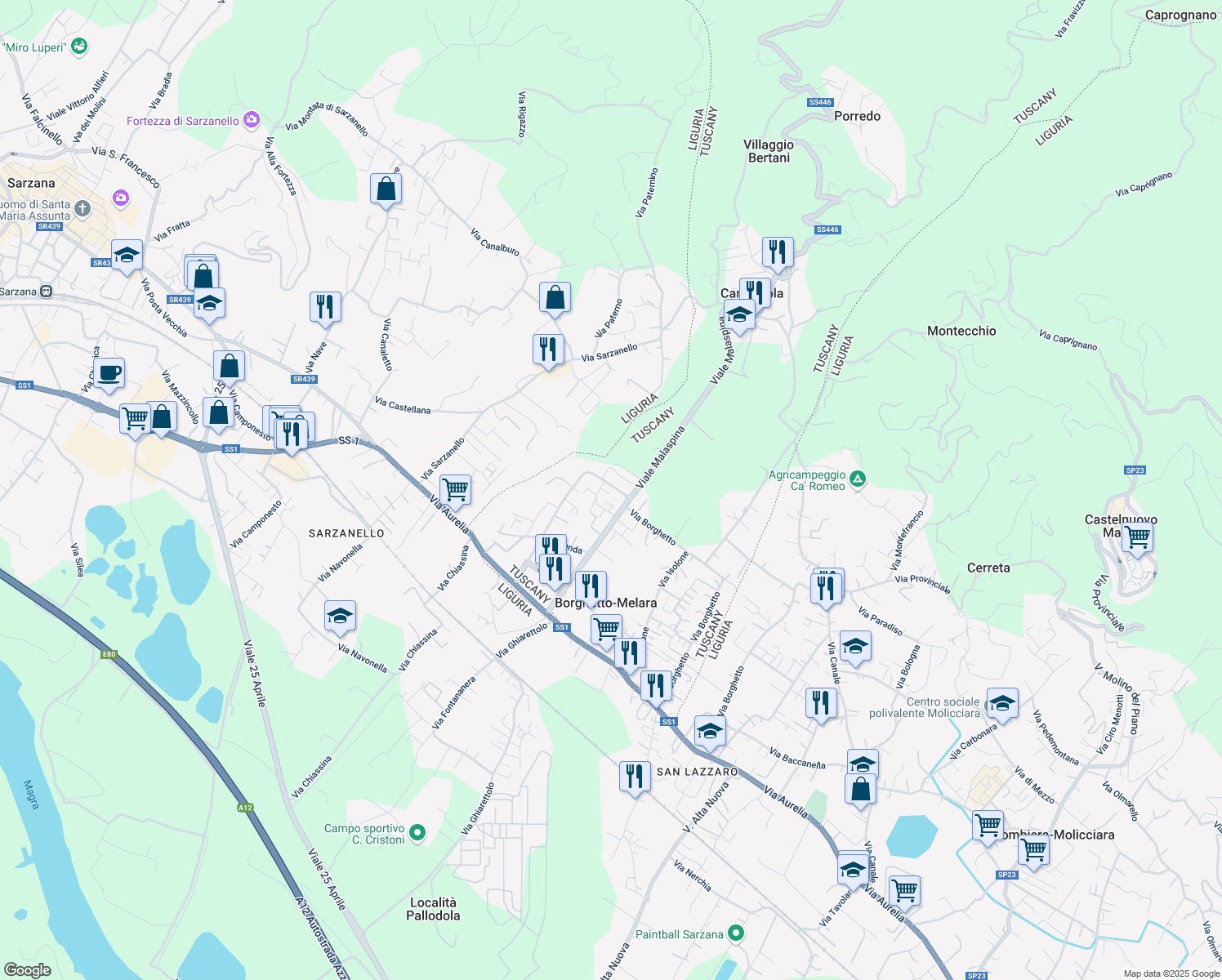 map of restaurants, bars, coffee shops, grocery stores, and more near 1 Via Melara in Borghetto-melara