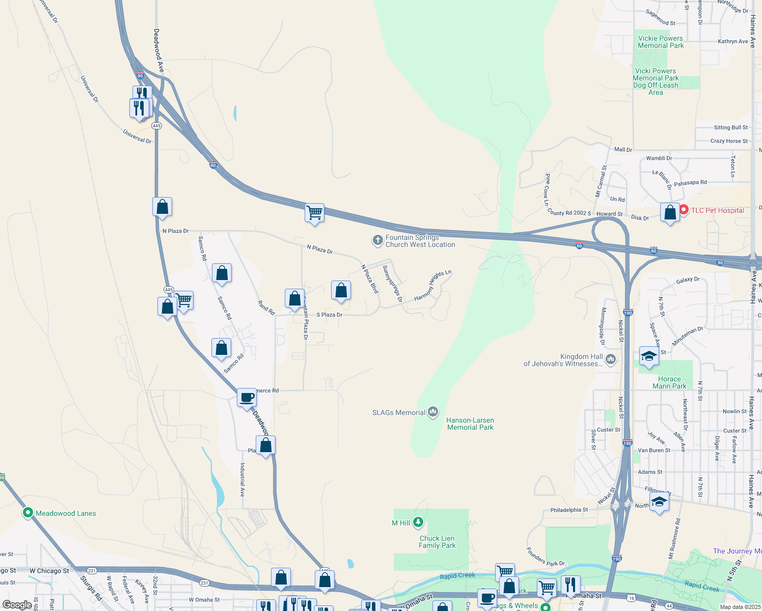 map of restaurants, bars, coffee shops, grocery stores, and more near 2415 Harmony Heights Ln in Rapid City