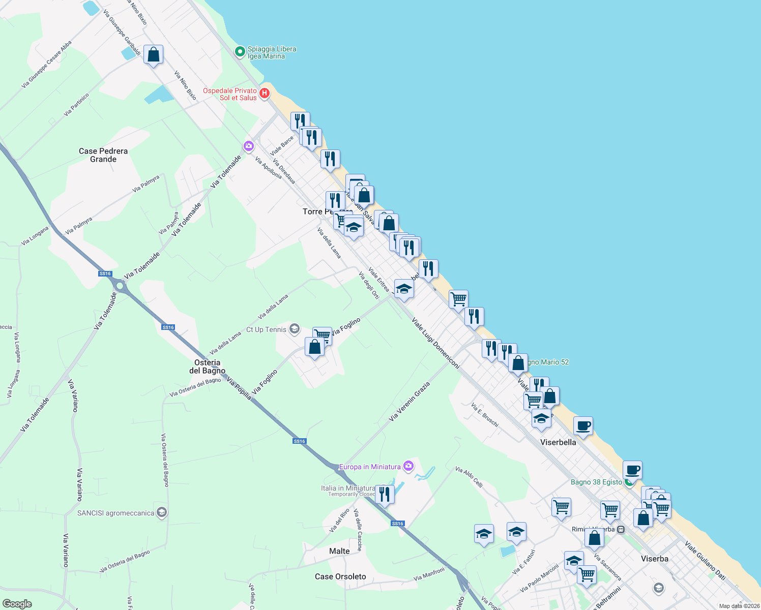 map of restaurants, bars, coffee shops, grocery stores, and more near 43 Viale Gebel in Rimini