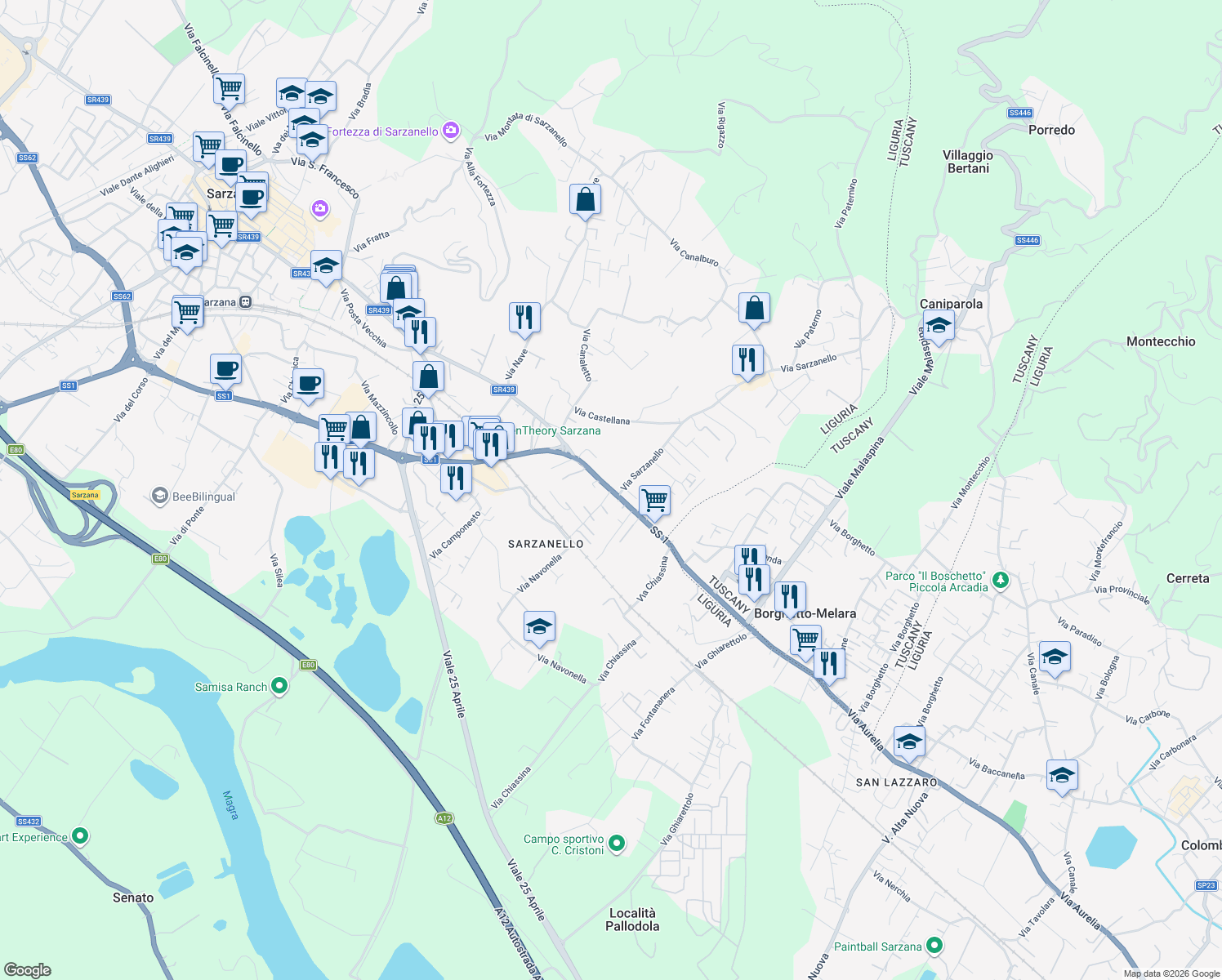 map of restaurants, bars, coffee shops, grocery stores, and more near 3 Via Navonella in Sarzana
