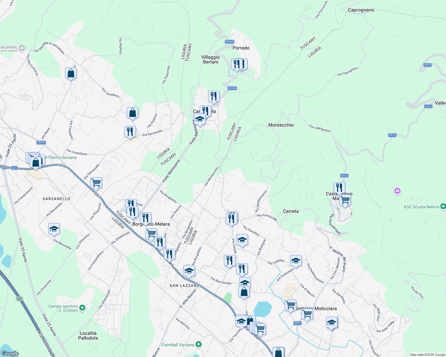 map of restaurants, bars, coffee shops, grocery stores, and more near 58a Via Montecchio in Borghetto-melara