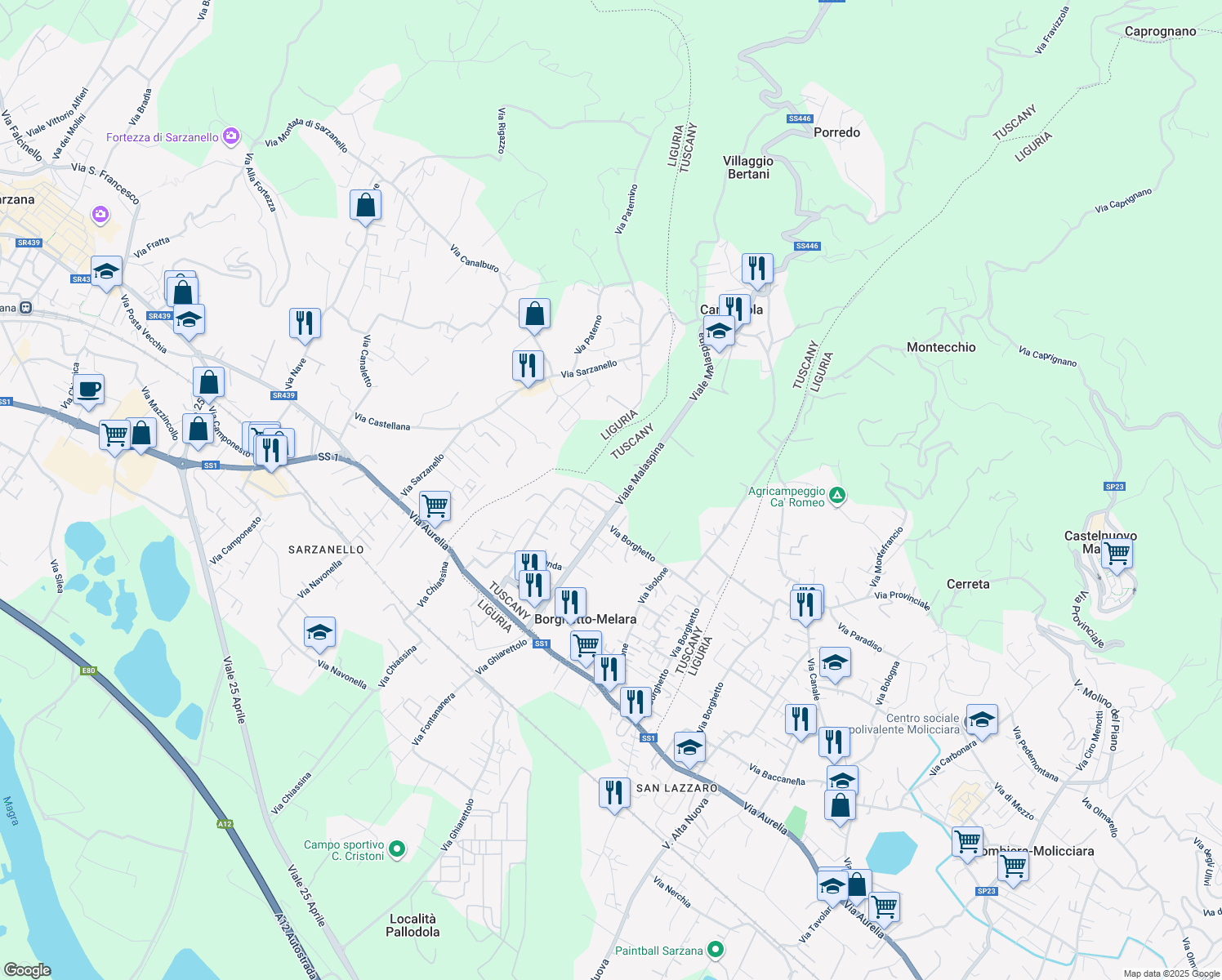 map of restaurants, bars, coffee shops, grocery stores, and more near in Massa and Carrara