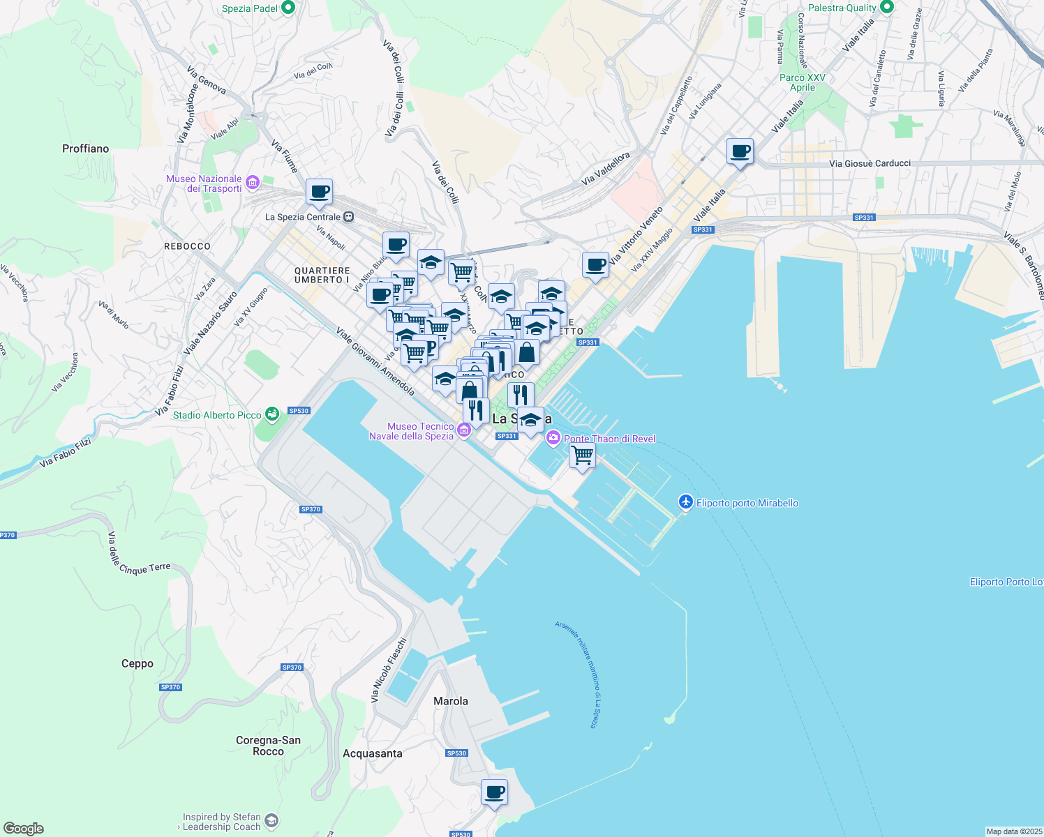 map of restaurants, bars, coffee shops, grocery stores, and more near in La Spezia