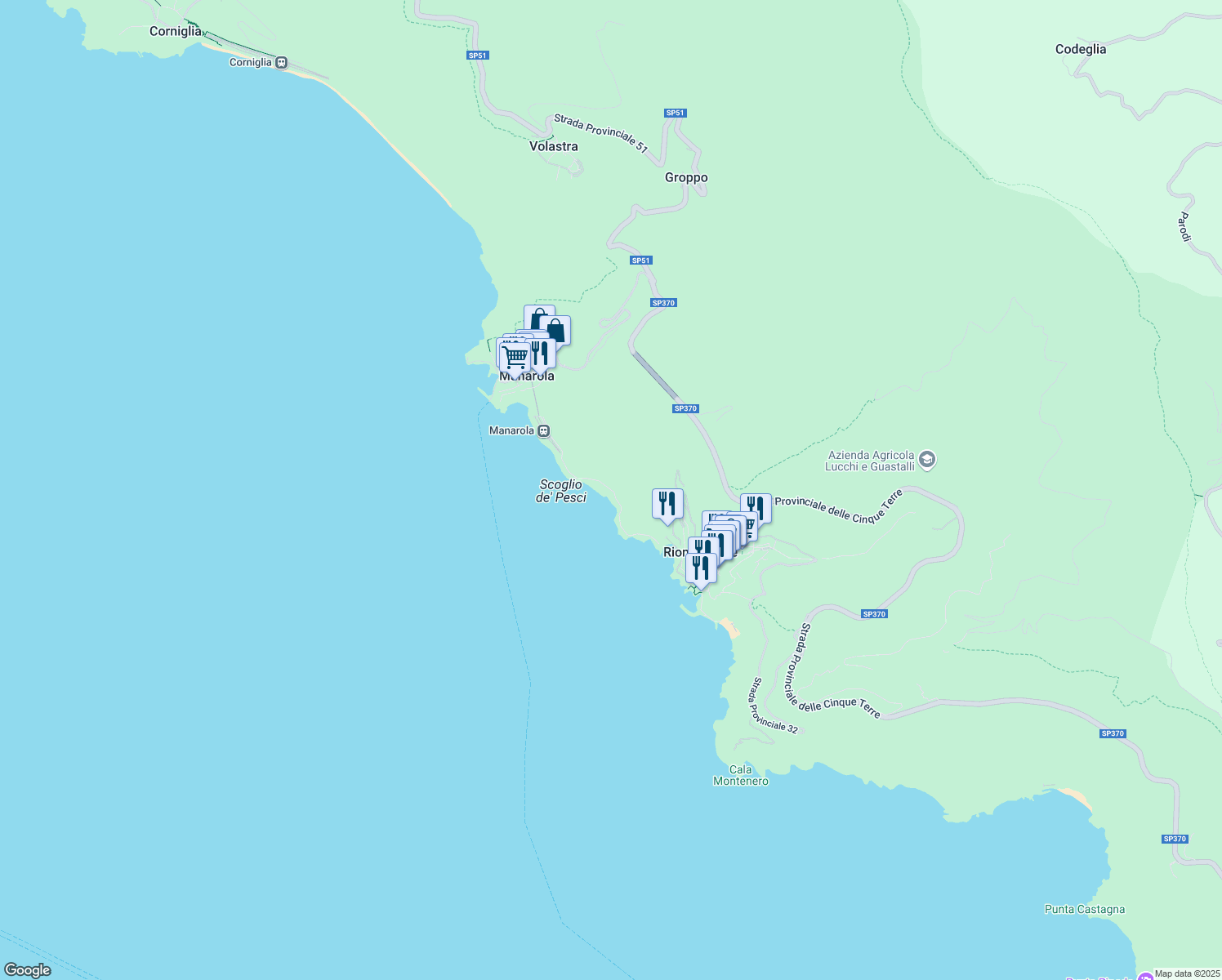 map of restaurants, bars, coffee shops, grocery stores, and more near 8 Via dell'Amore in Provincia della Spezia