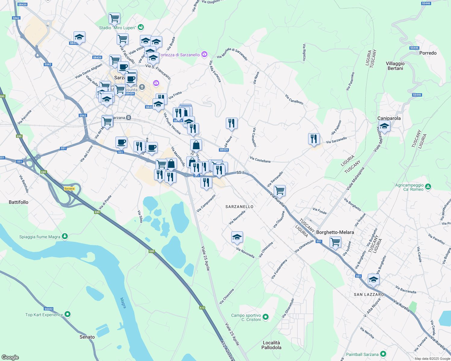 map of restaurants, bars, coffee shops, grocery stores, and more near 186 Via Aurelia in Sarzana