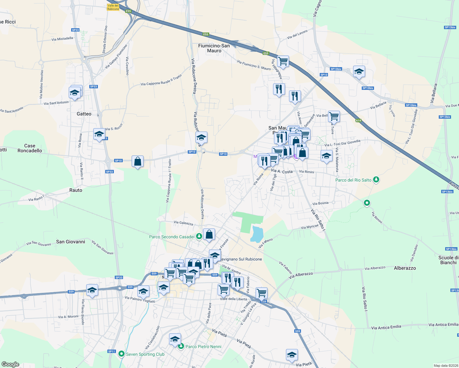 map of restaurants, bars, coffee shops, grocery stores, and more near 9 Via 27 Gennaio in Savignano sul Rubicone