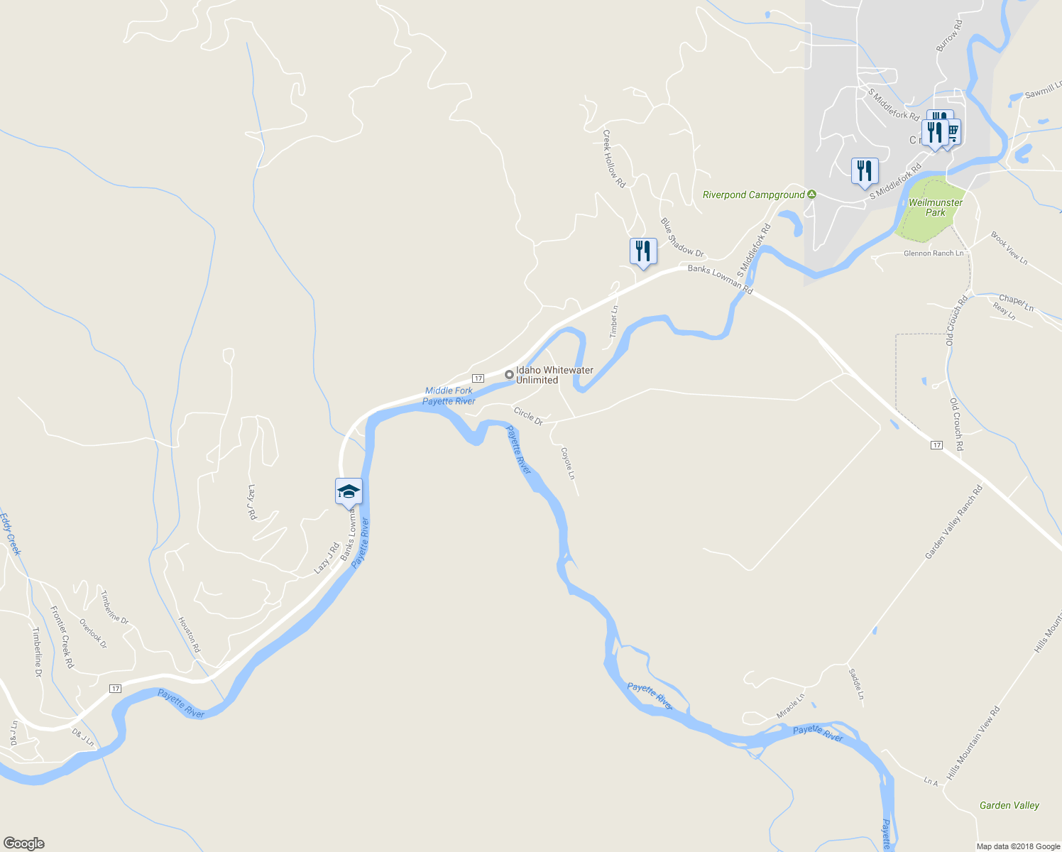 map of restaurants, bars, coffee shops, grocery stores, and more near 51 Circle Drive in Garden Valley