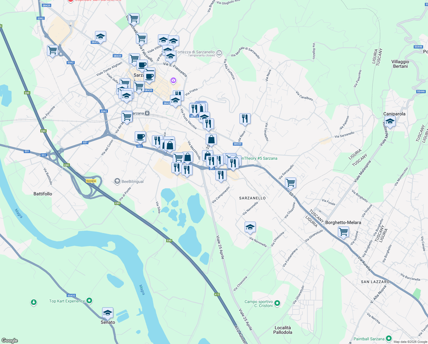 map of restaurants, bars, coffee shops, grocery stores, and more near Via Variante Aurelia in Sarzana