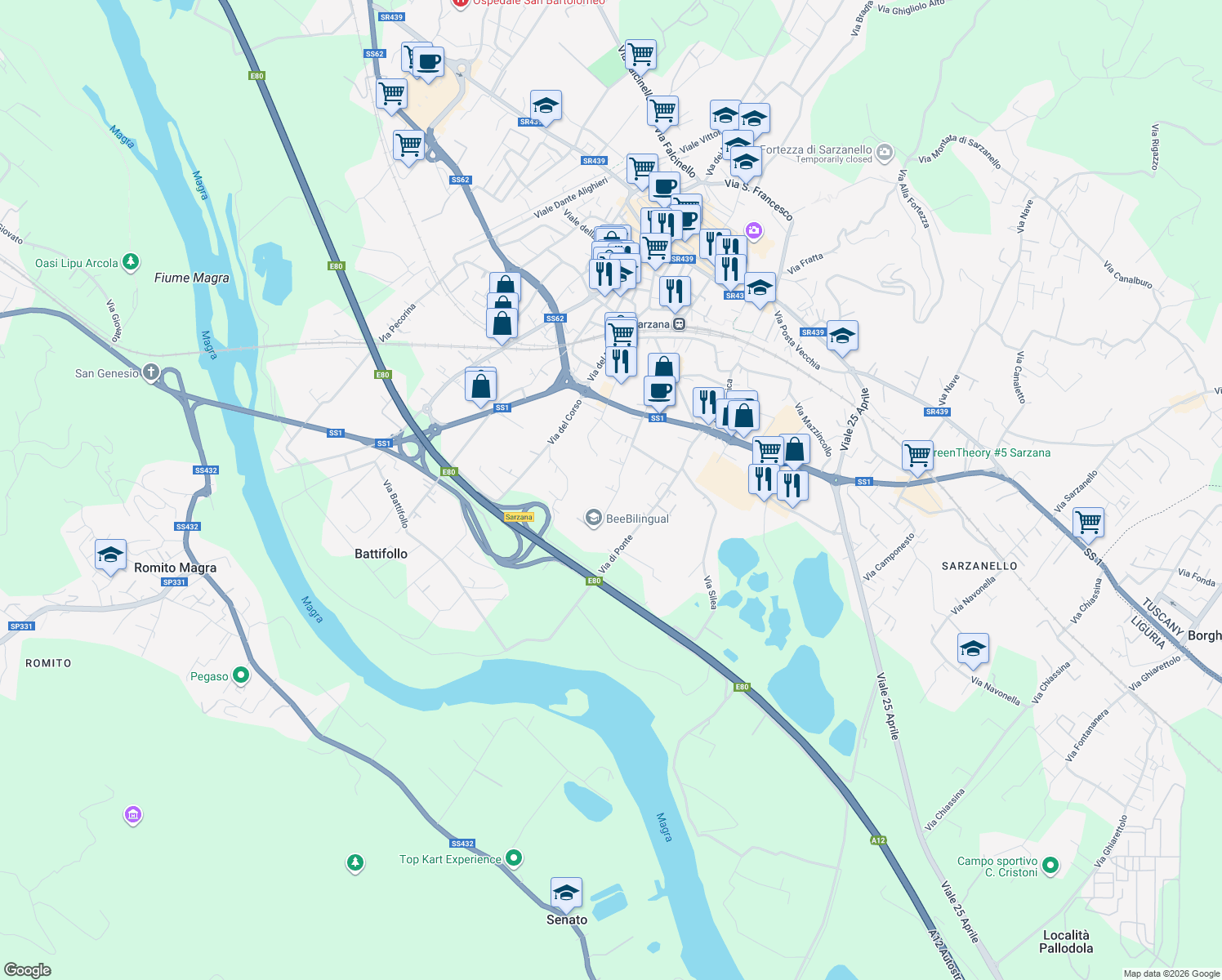 map of restaurants, bars, coffee shops, grocery stores, and more near 80 Via Giuncaro in Sarzana