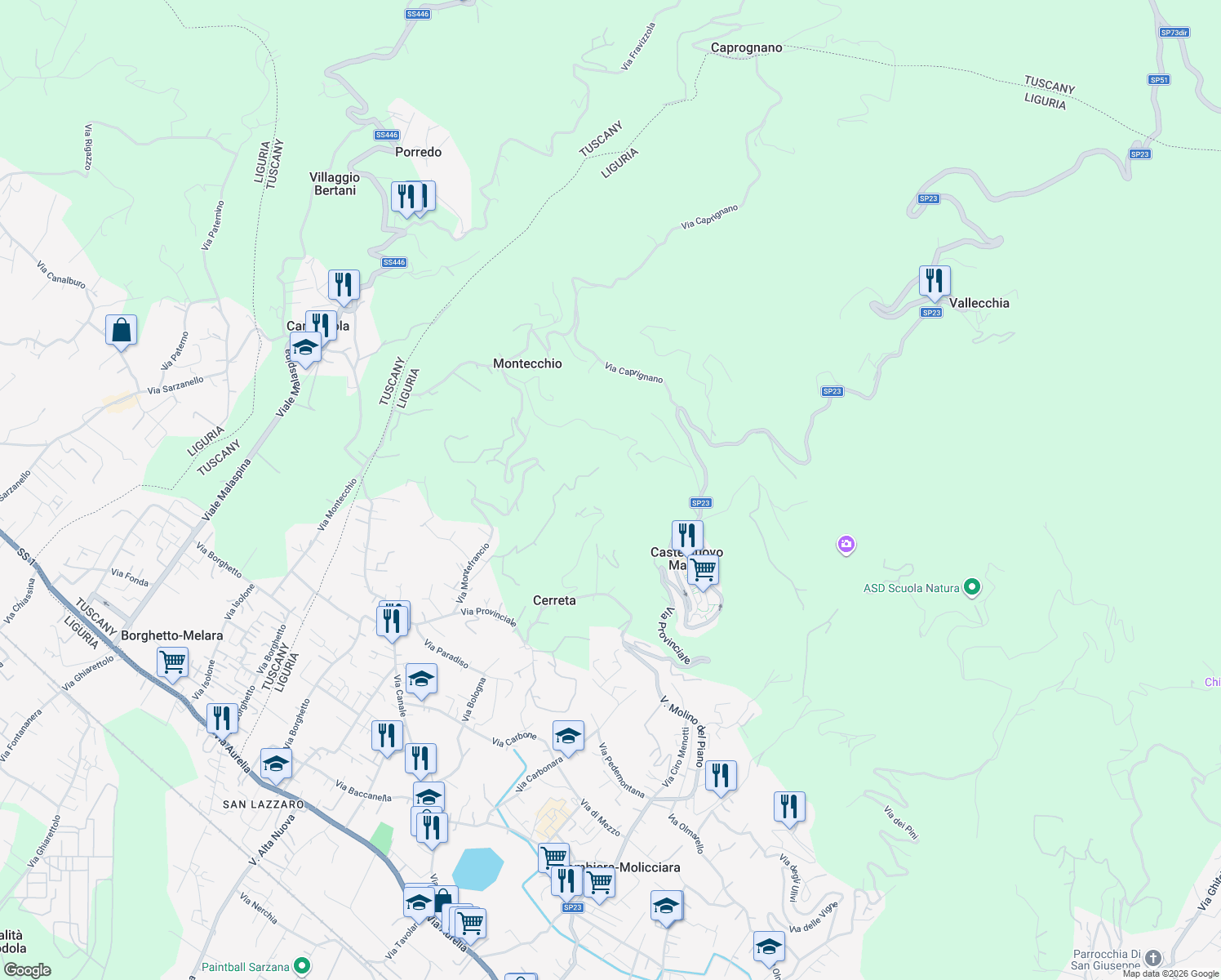 map of restaurants, bars, coffee shops, grocery stores, and more near 34 Via Montefrancio in Provincia della Spezia