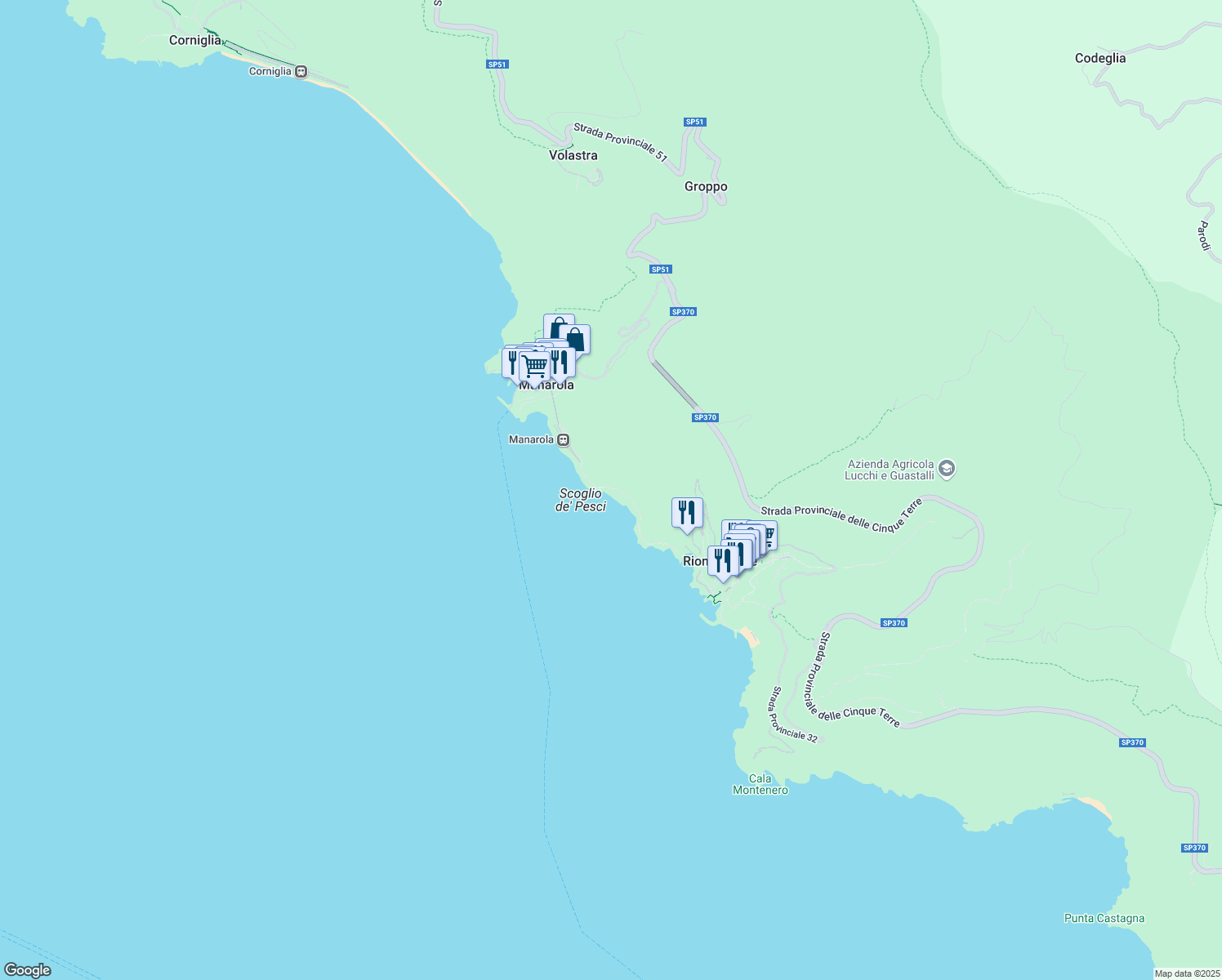 map of restaurants, bars, coffee shops, grocery stores, and more near 8 Via dell'Amore in Provincia della Spezia