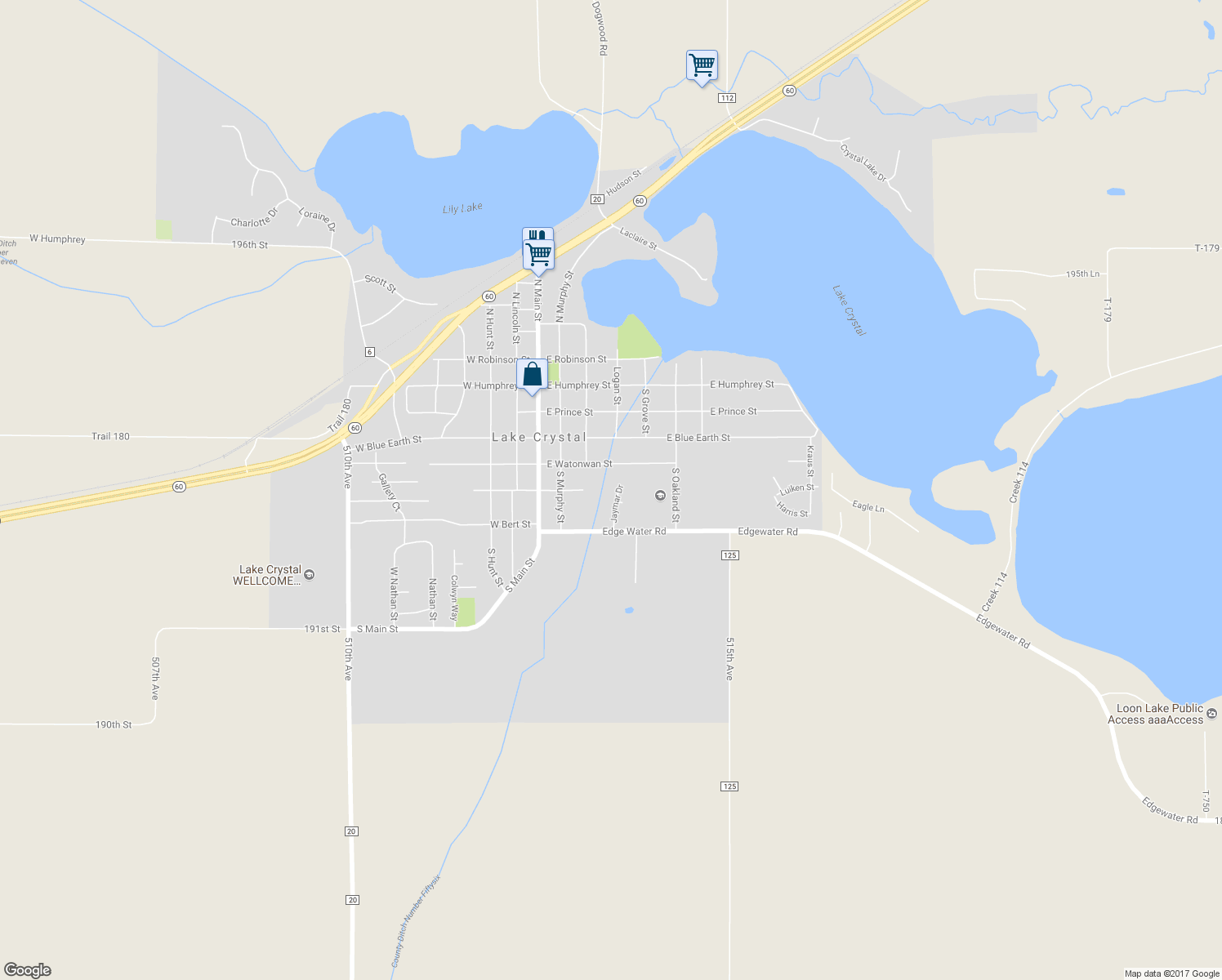 map of restaurants, bars, coffee shops, grocery stores, and more near 7 Jaymar Drive in Lake Crystal