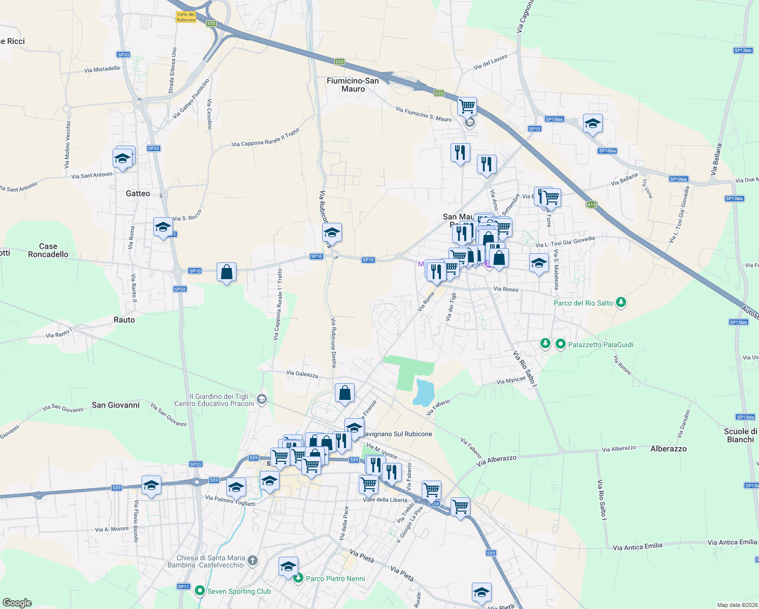map of restaurants, bars, coffee shops, grocery stores, and more near 9 Via 27 Gennaio in Savignano sul Rubicone