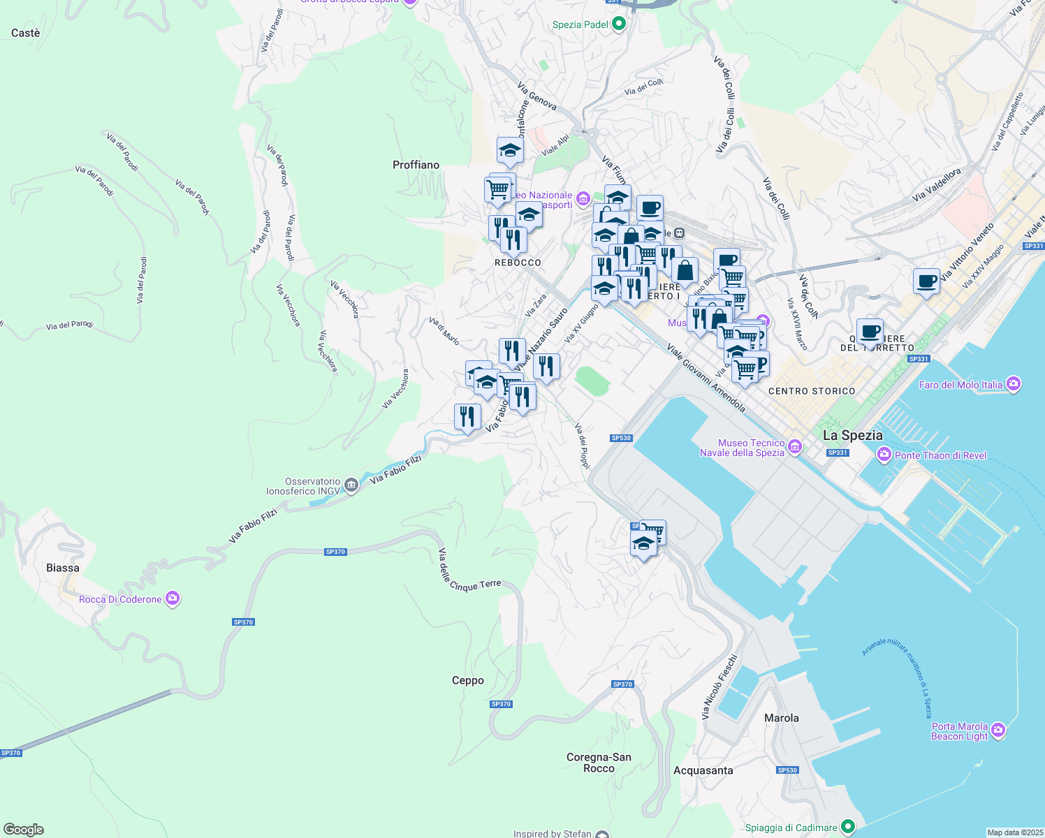 map of restaurants, bars, coffee shops, grocery stores, and more near Via della Croce in La Spezia