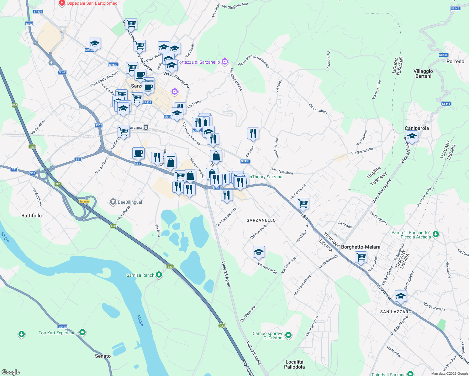 map of restaurants, bars, coffee shops, grocery stores, and more near Strada Statale 1 Aurelia in Sarzana