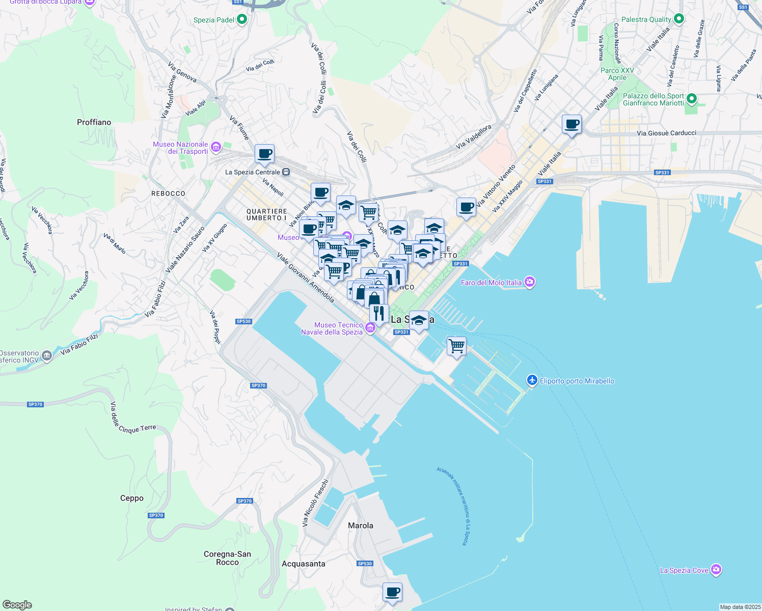 map of restaurants, bars, coffee shops, grocery stores, and more near 14 Corso Cavour in La Spezia