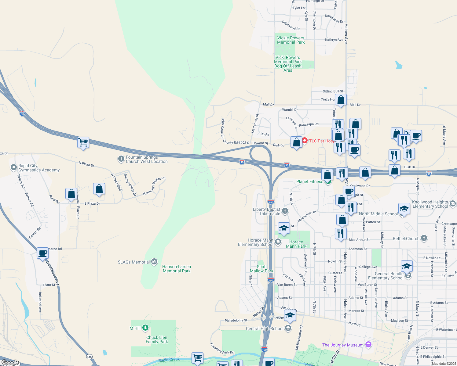 map of restaurants, bars, coffee shops, grocery stores, and more near 1925 Peace Path in Rapid City
