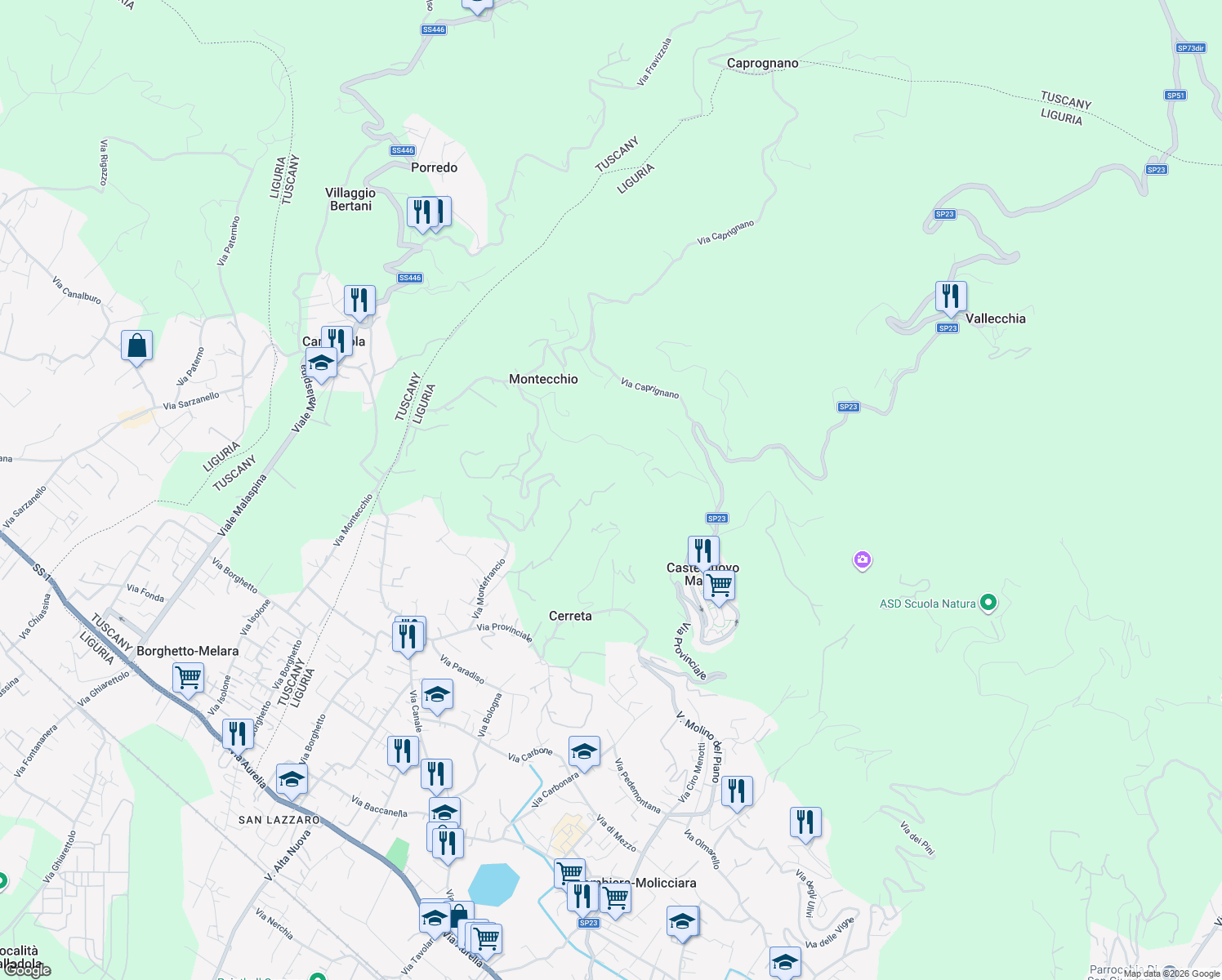 map of restaurants, bars, coffee shops, grocery stores, and more near 34 Via Montefrancio in Provincia della Spezia