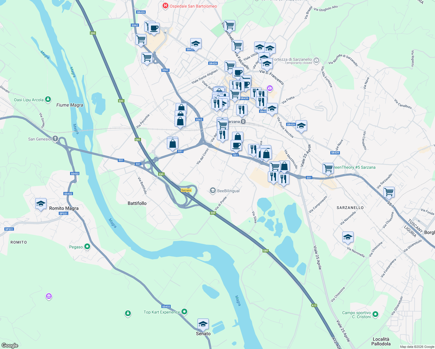 map of restaurants, bars, coffee shops, grocery stores, and more near 80 Via Giuncaro in Sarzana