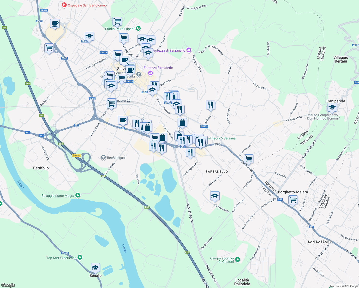 map of restaurants, bars, coffee shops, grocery stores, and more near 195 Via Aurelia in Sarzana