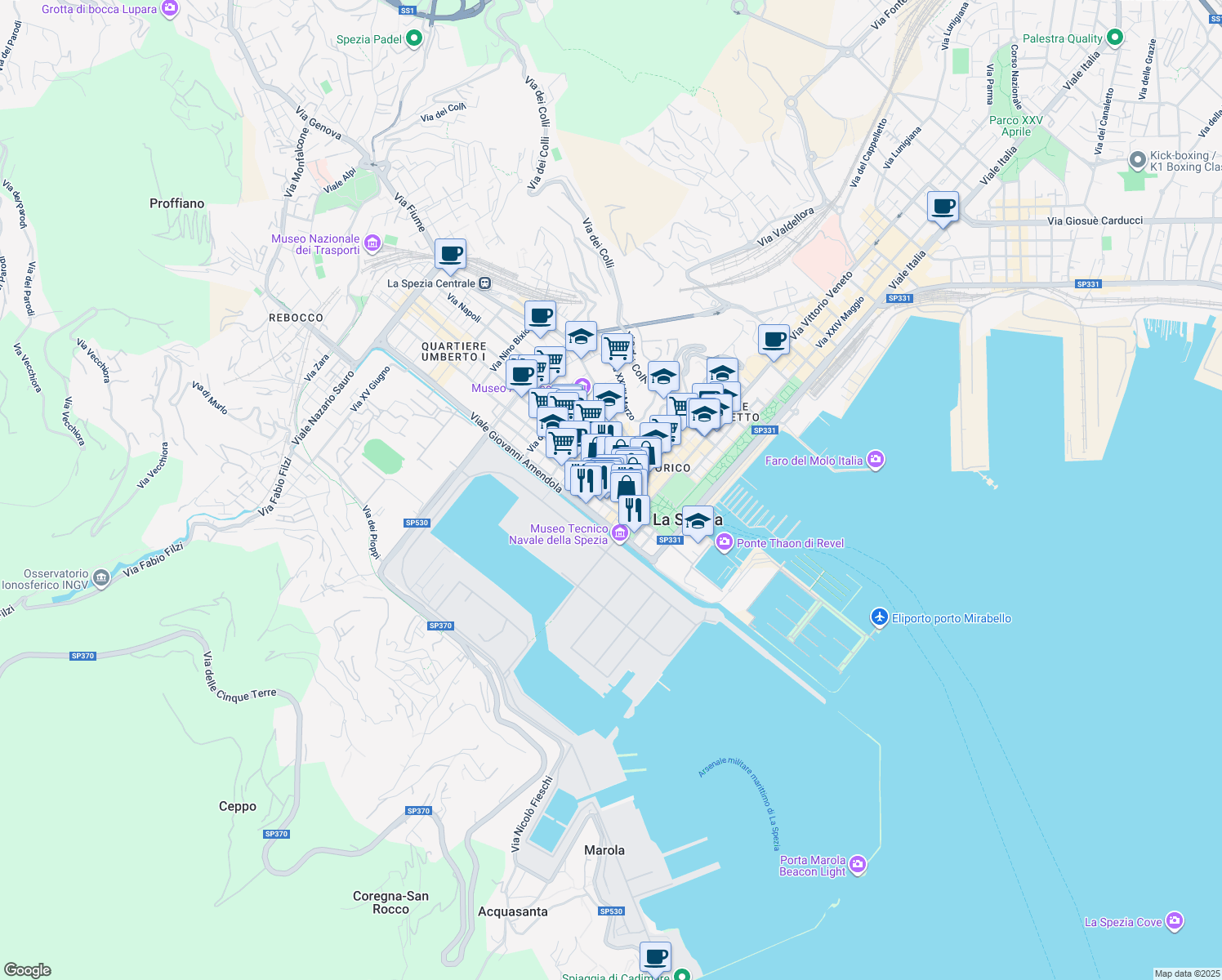 map of restaurants, bars, coffee shops, grocery stores, and more near 14 Corso Cavour in La Spezia
