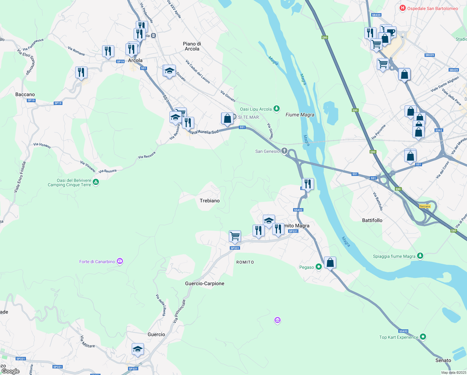 map of restaurants, bars, coffee shops, grocery stores, and more near 16 Via Predallara in Provincia della Spezia
