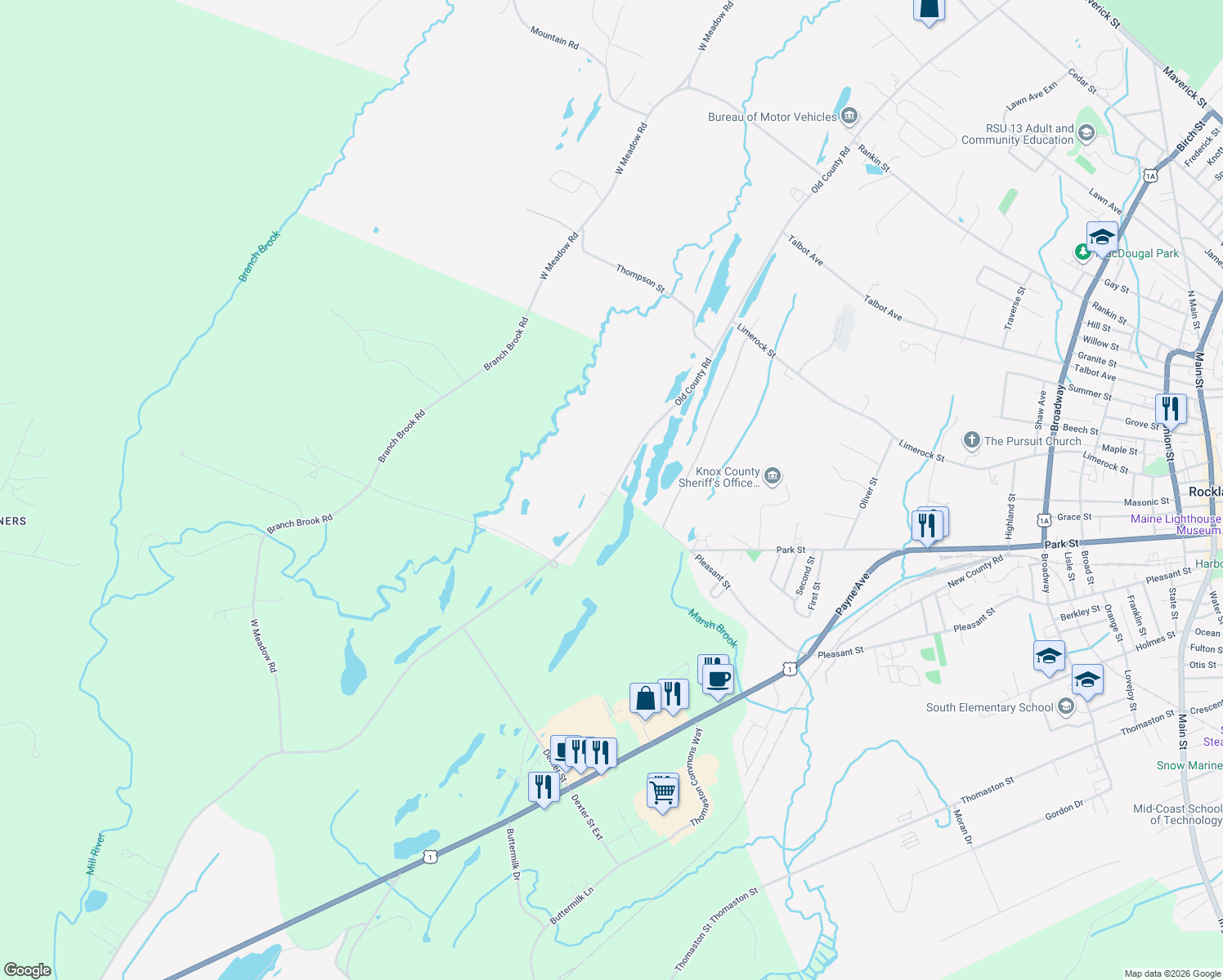 map of restaurants, bars, coffee shops, grocery stores, and more near 64 Old County Road in Thomaston