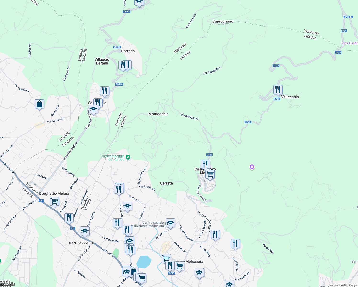 map of restaurants, bars, coffee shops, grocery stores, and more near 46 Via Montefrancio in Colombiera-Molicciara