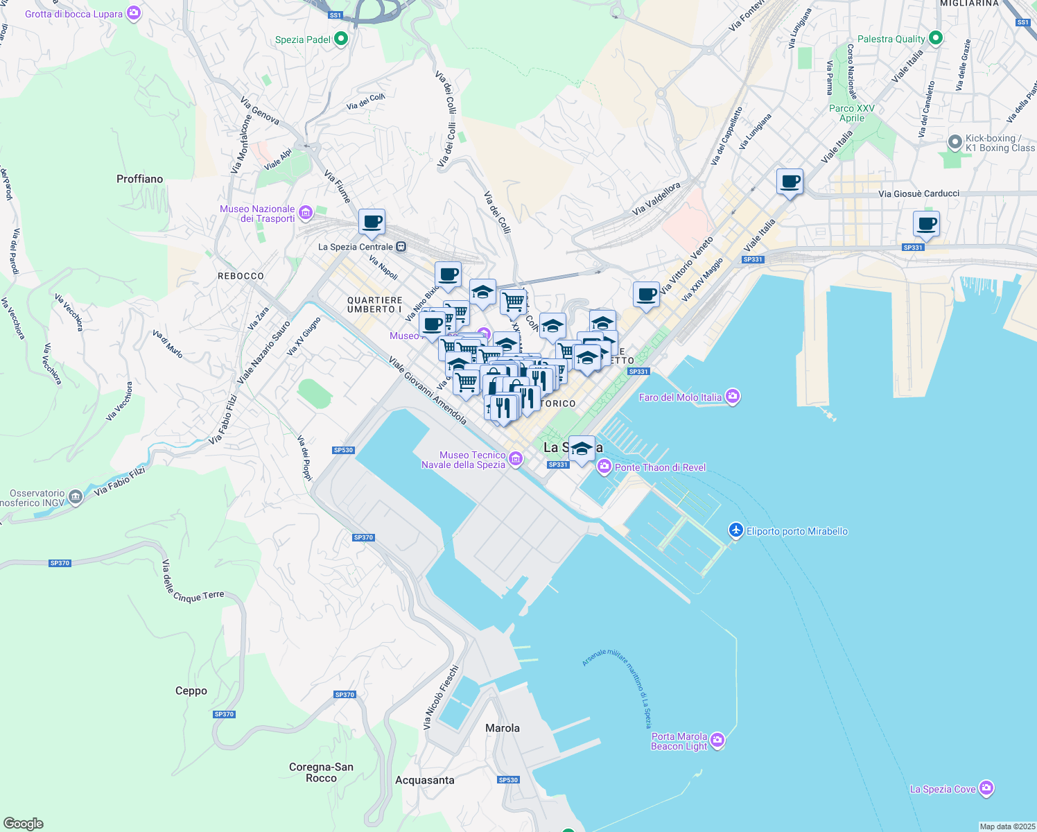 map of restaurants, bars, coffee shops, grocery stores, and more near 55 Corso Cavour in La Spezia