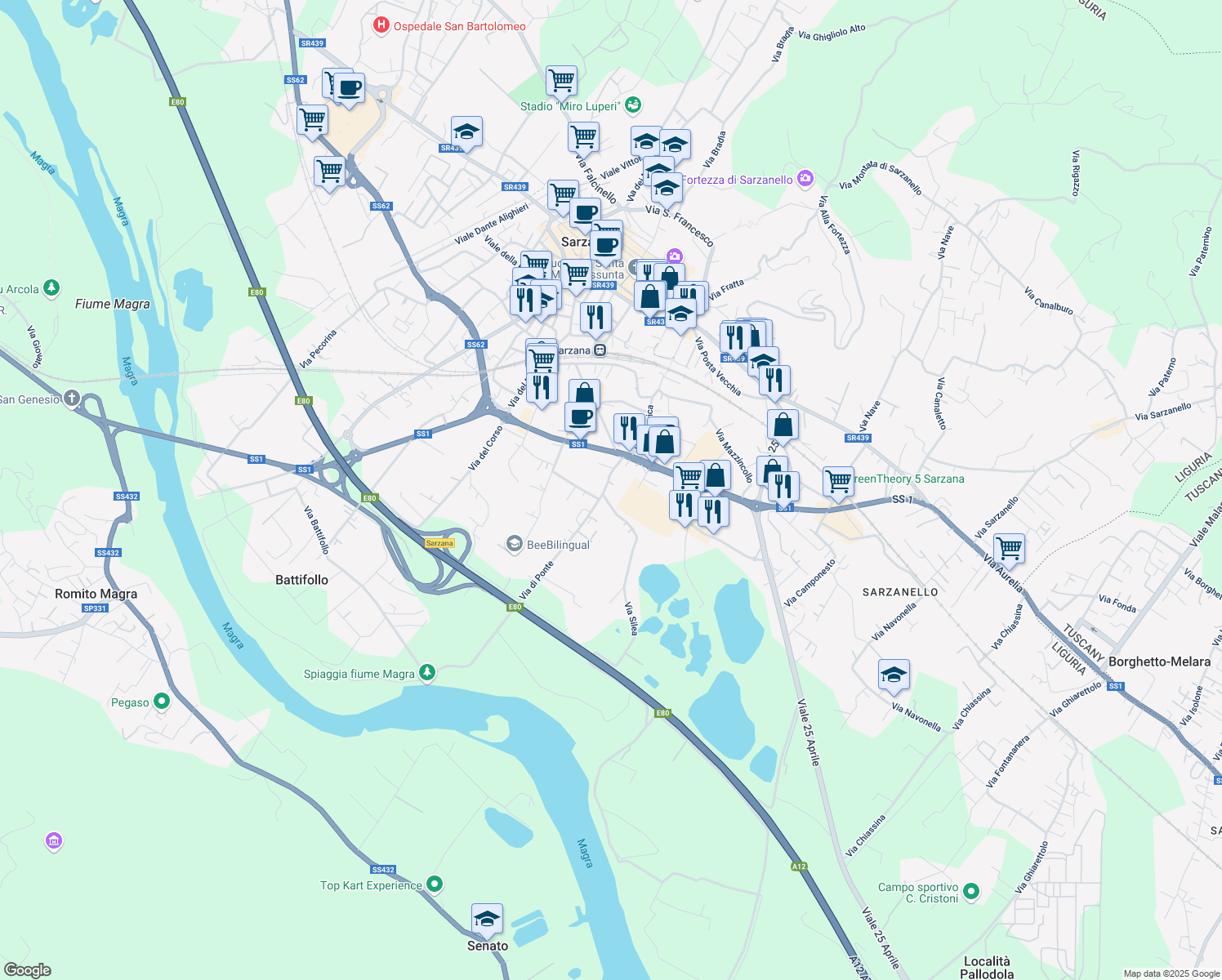 map of restaurants, bars, coffee shops, grocery stores, and more near 21 Via di Ponte in Sarzana