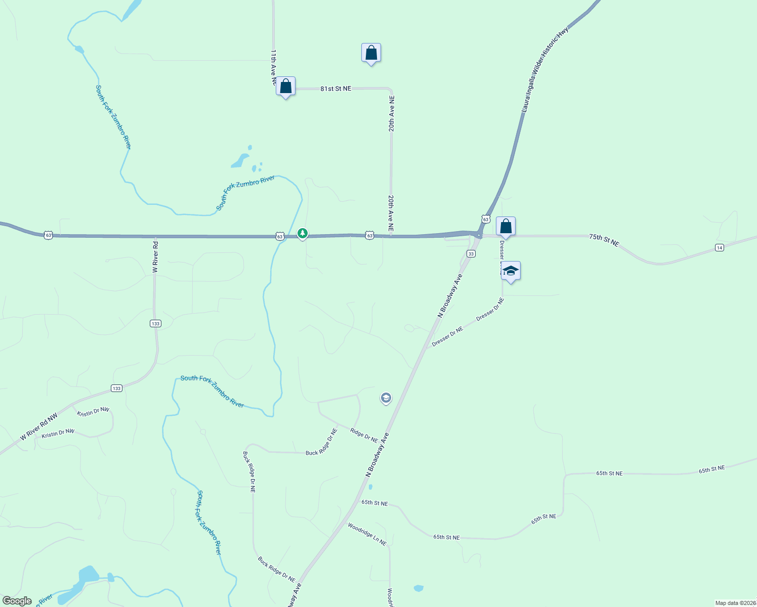 map of restaurants, bars, coffee shops, grocery stores, and more near 7224 Siems Lane Northeast in Rochester