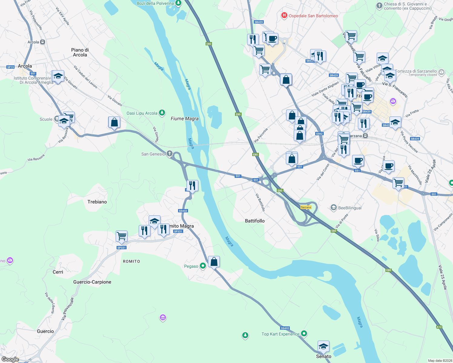 map of restaurants, bars, coffee shops, grocery stores, and more near 118 Via Pecorina in Sarzana