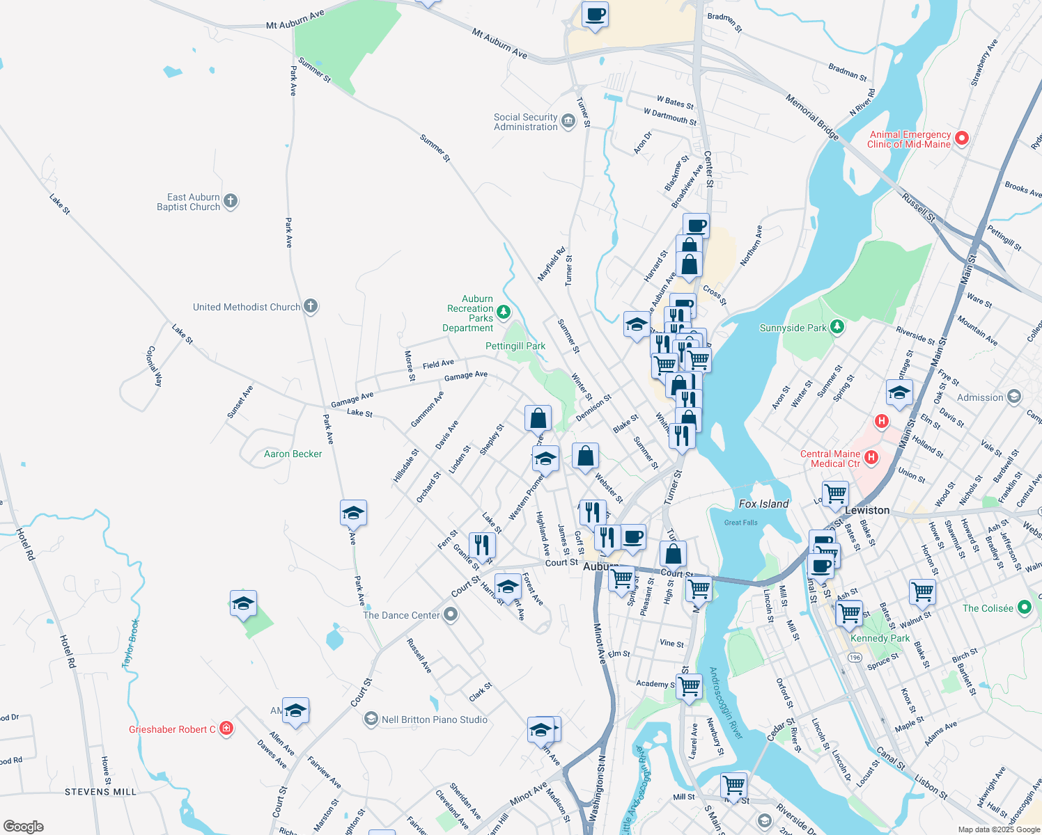 map of restaurants, bars, coffee shops, grocery stores, and more near 11 Hillcrest Street in Auburn
