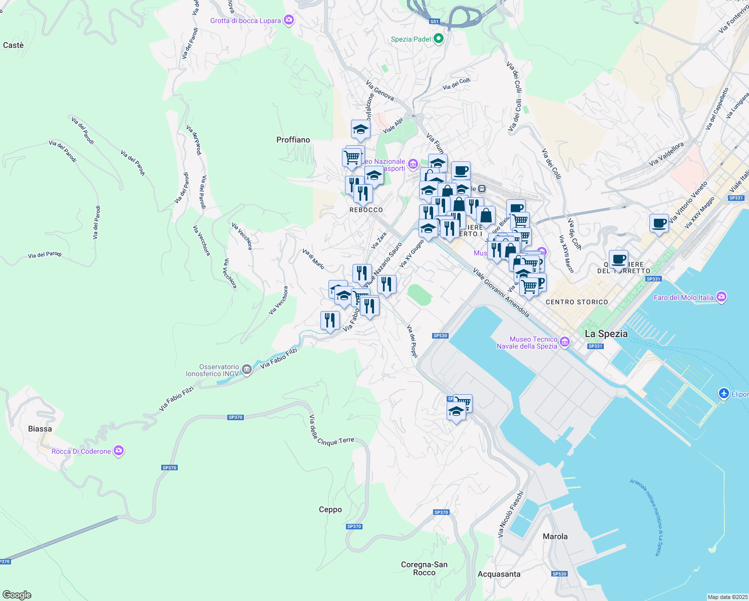 map of restaurants, bars, coffee shops, grocery stores, and more near 7 Via Balilla in La Spezia