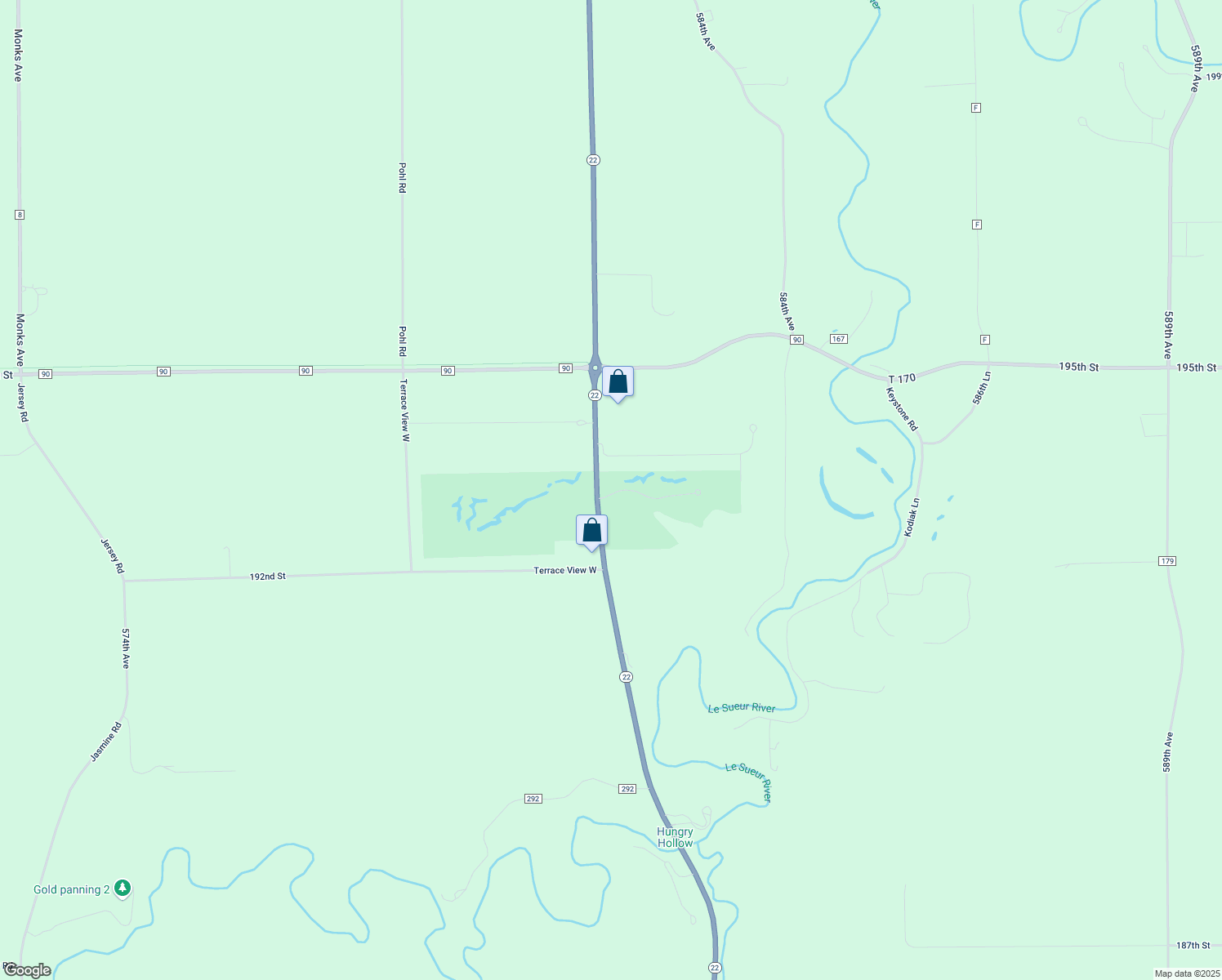 map of restaurants, bars, coffee shops, grocery stores, and more near 102 Terrace View East in Mankato