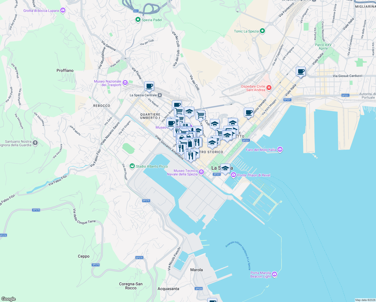 map of restaurants, bars, coffee shops, grocery stores, and more near 43 Via Antonio Gramsci in La Spezia