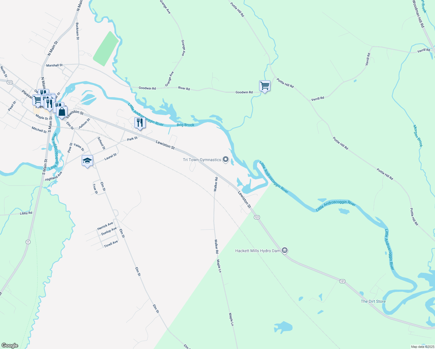 map of restaurants, bars, coffee shops, grocery stores, and more near 1 Walker Road in Mechanic Falls