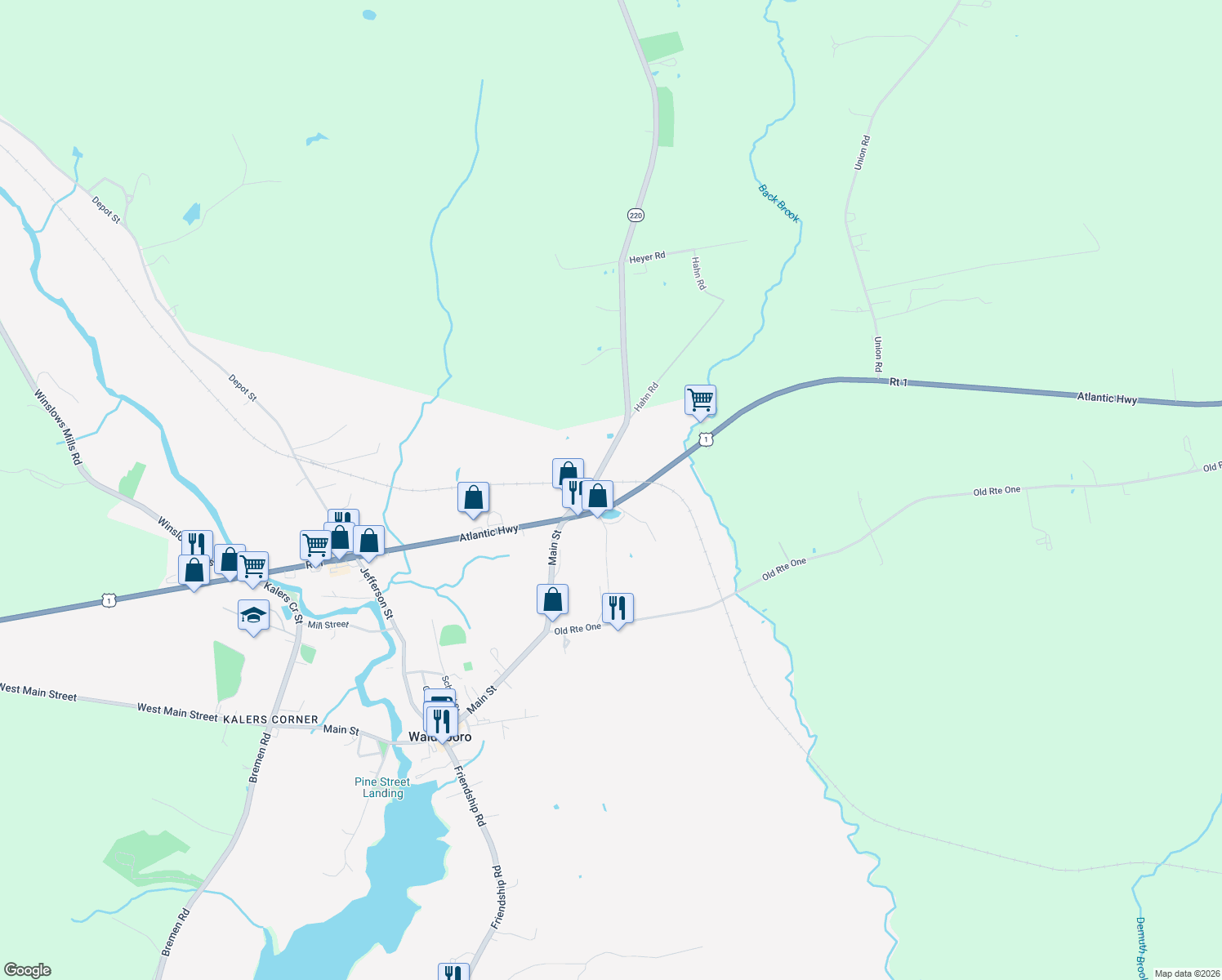 map of restaurants, bars, coffee shops, grocery stores, and more near 41 Washington Road in Waldoboro