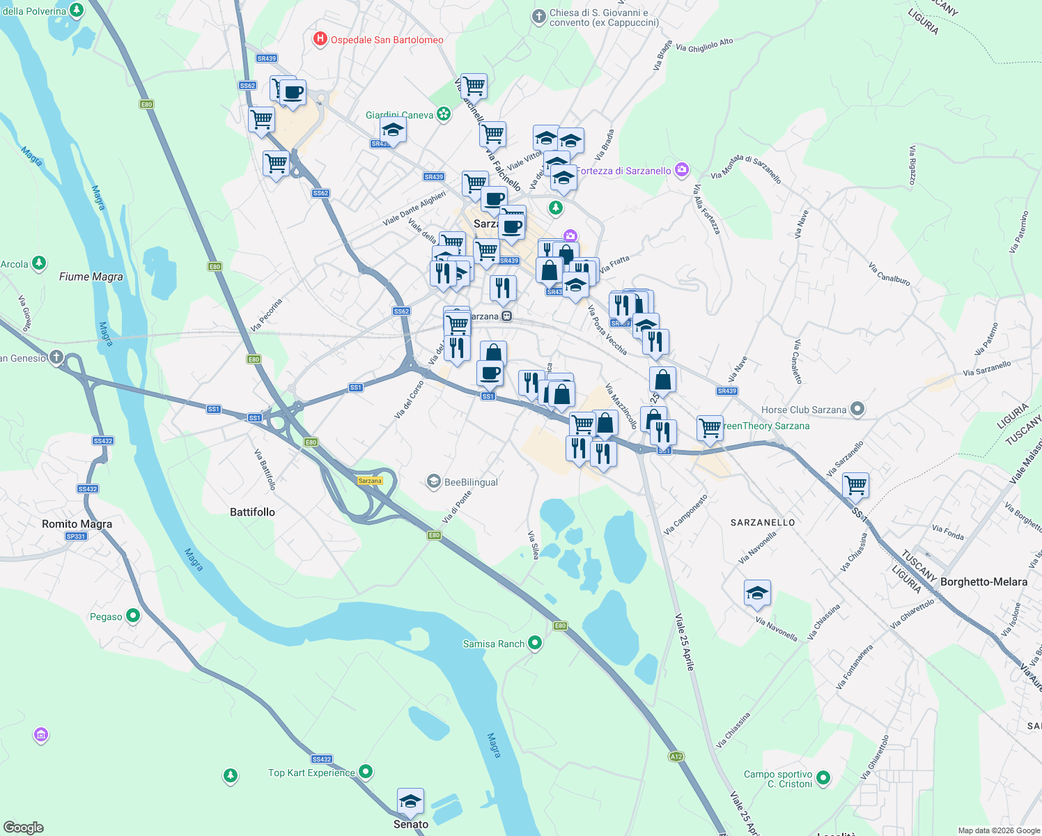 map of restaurants, bars, coffee shops, grocery stores, and more near 35 Via di Ponte in Sarzana