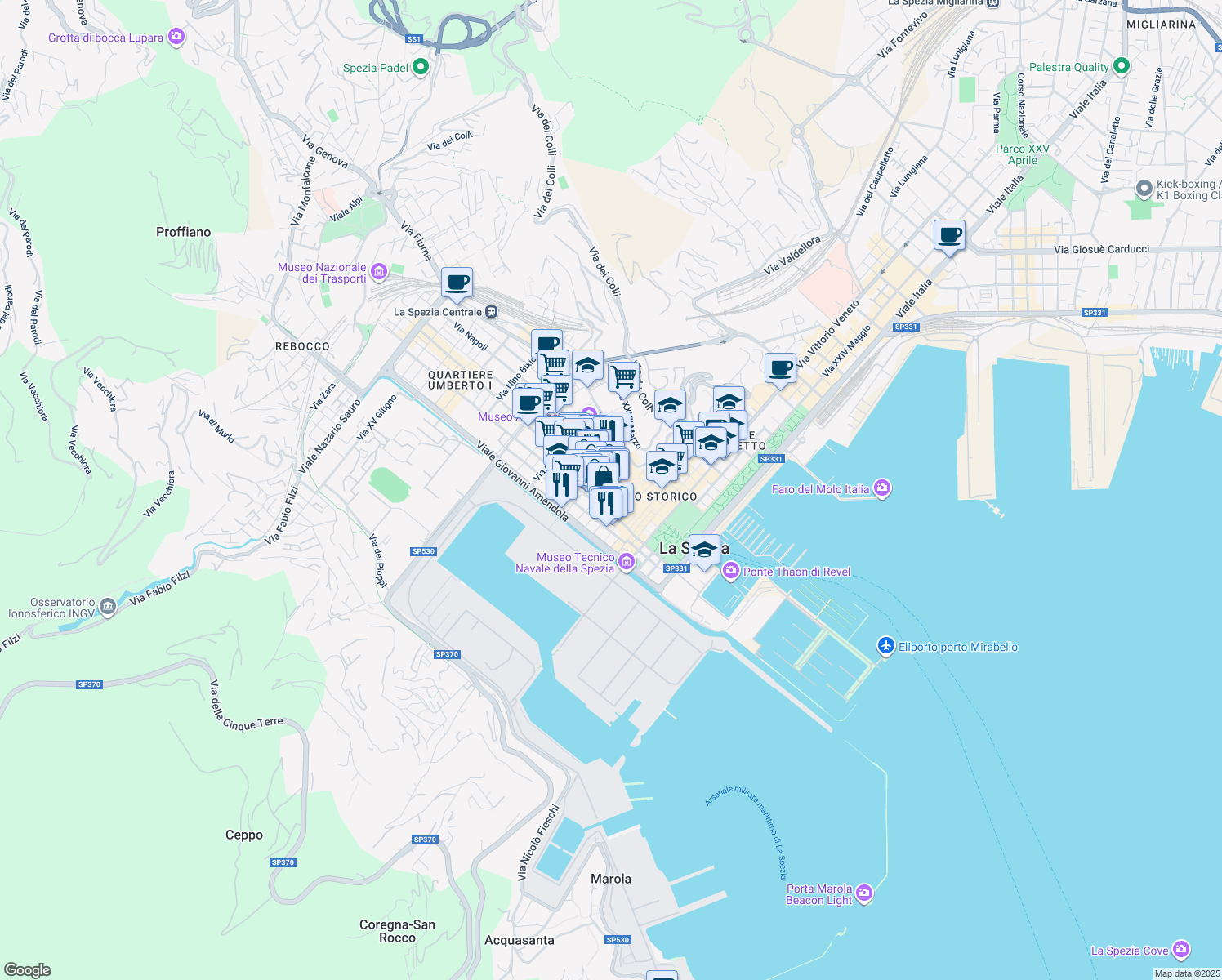 map of restaurants, bars, coffee shops, grocery stores, and more near 55 Corso Cavour in La Spezia