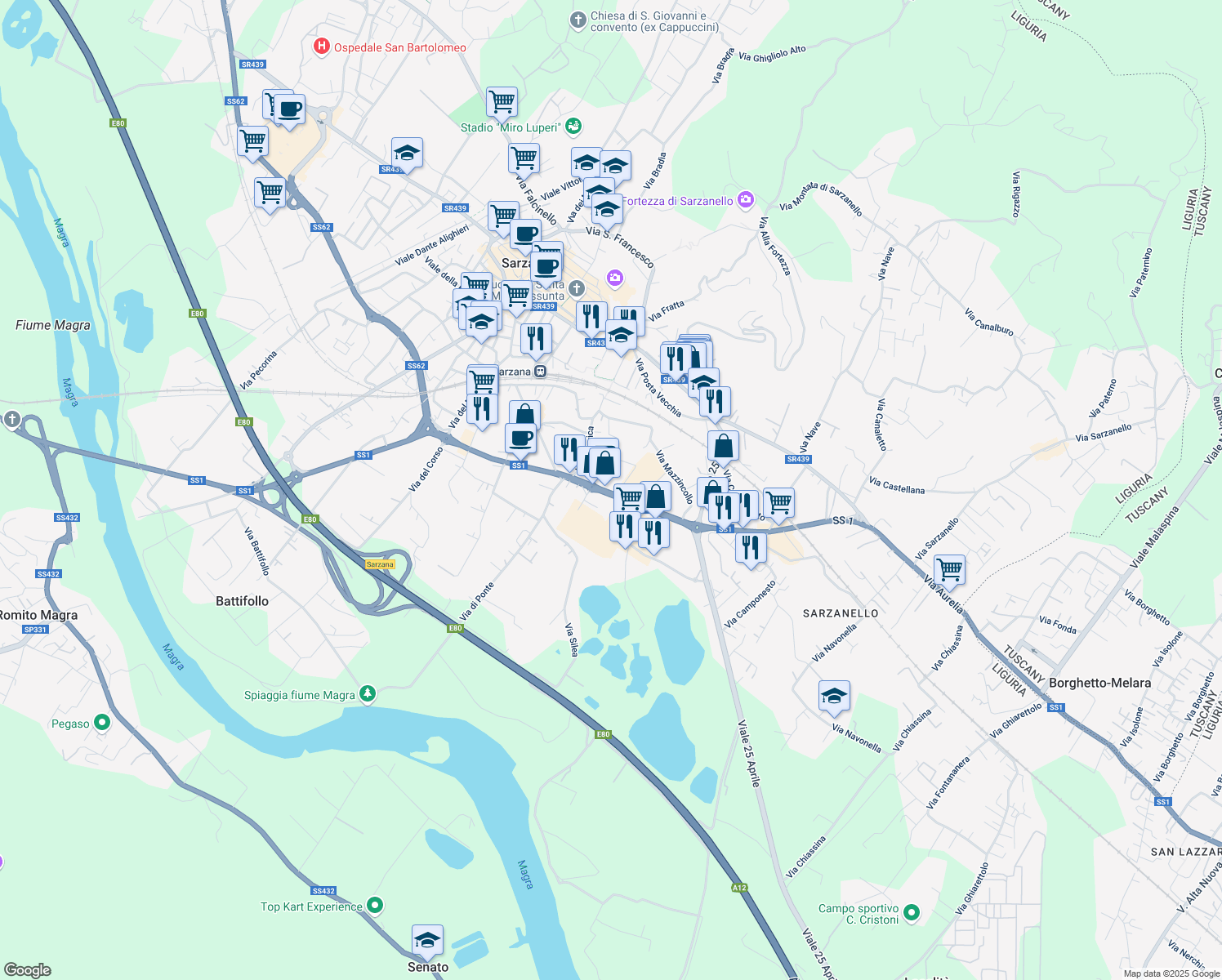 map of restaurants, bars, coffee shops, grocery stores, and more near 164 Via Variante Aurelia in Sarzana