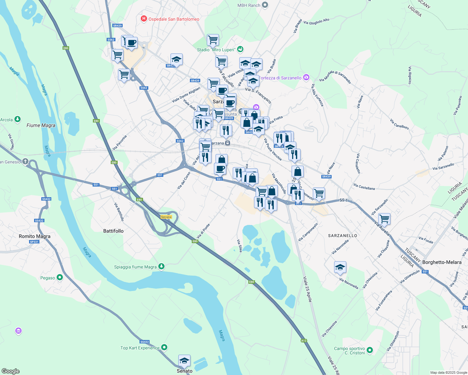 map of restaurants, bars, coffee shops, grocery stores, and more near 21 Via di Ponte in Sarzana
