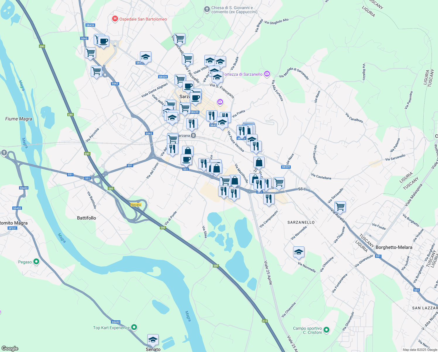 map of restaurants, bars, coffee shops, grocery stores, and more near 164 Via Variante Aurelia in Sarzana