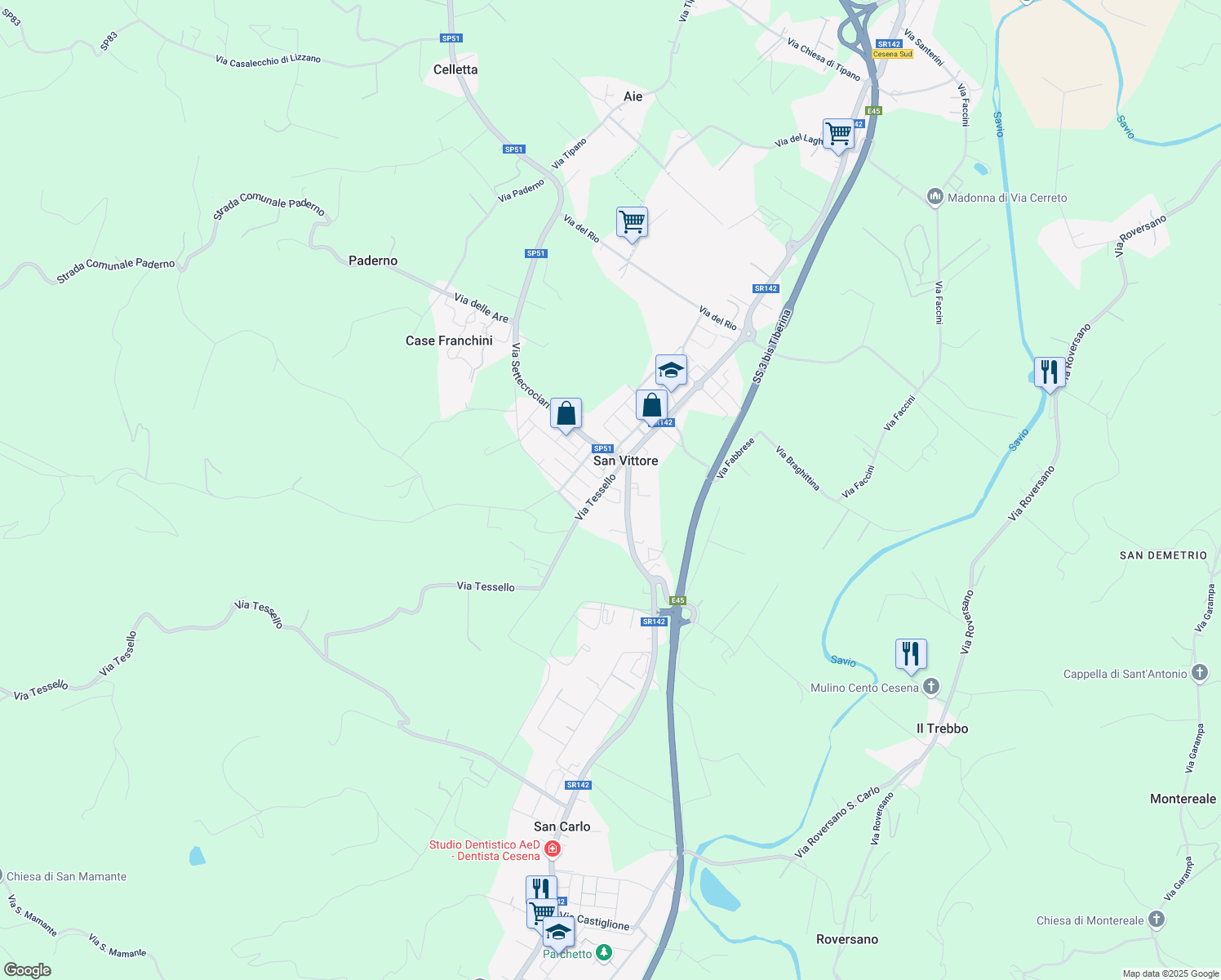 map of restaurants, bars, coffee shops, grocery stores, and more near 109-173 Via Amelia in Cesena