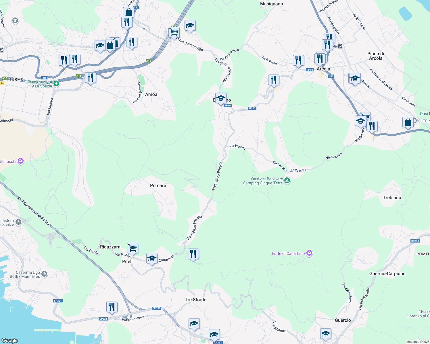 map of restaurants, bars, coffee shops, grocery stores, and more near 50 Via Pietralba in Arcola