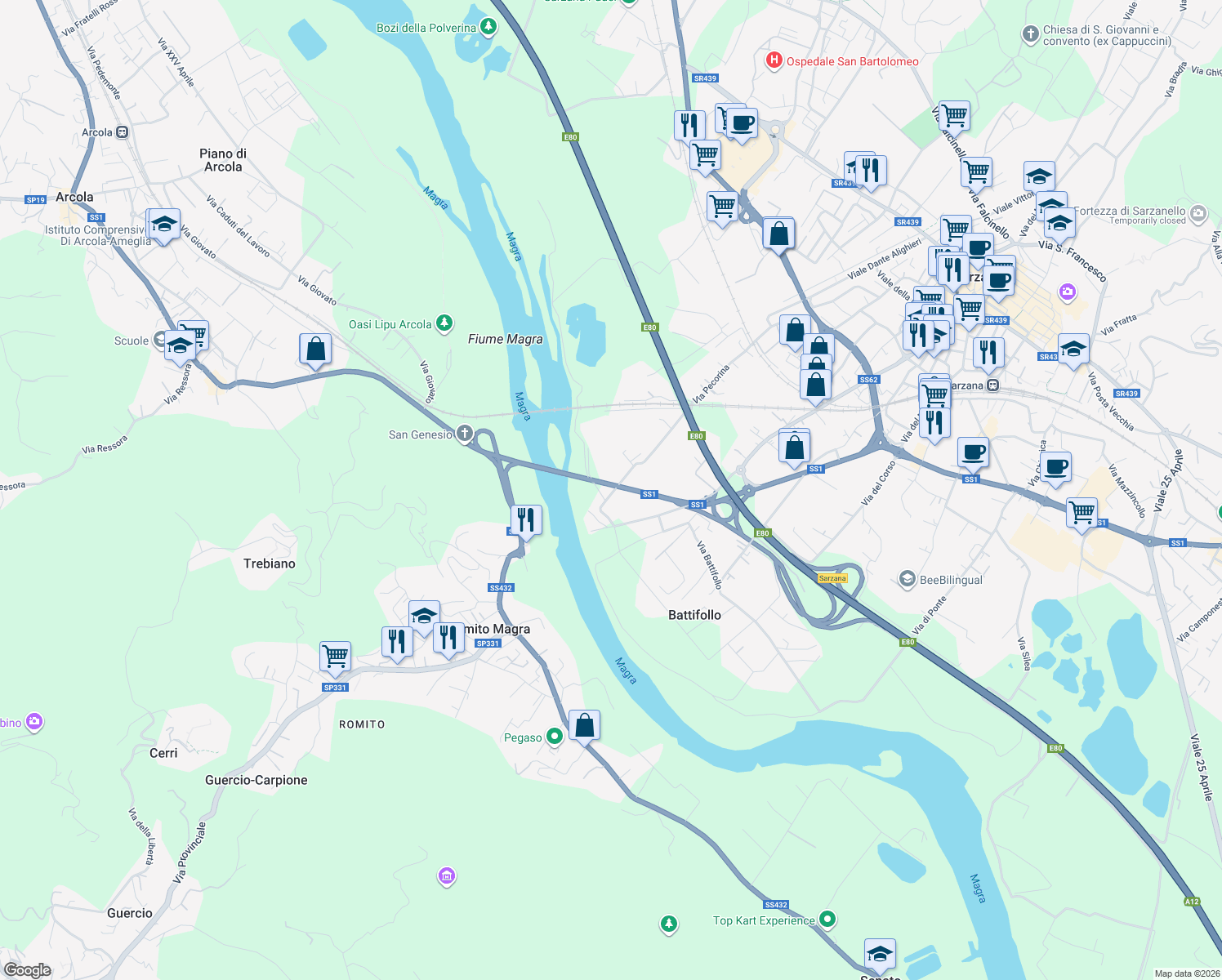 map of restaurants, bars, coffee shops, grocery stores, and more near 118 Via Pecorina in Sarzana